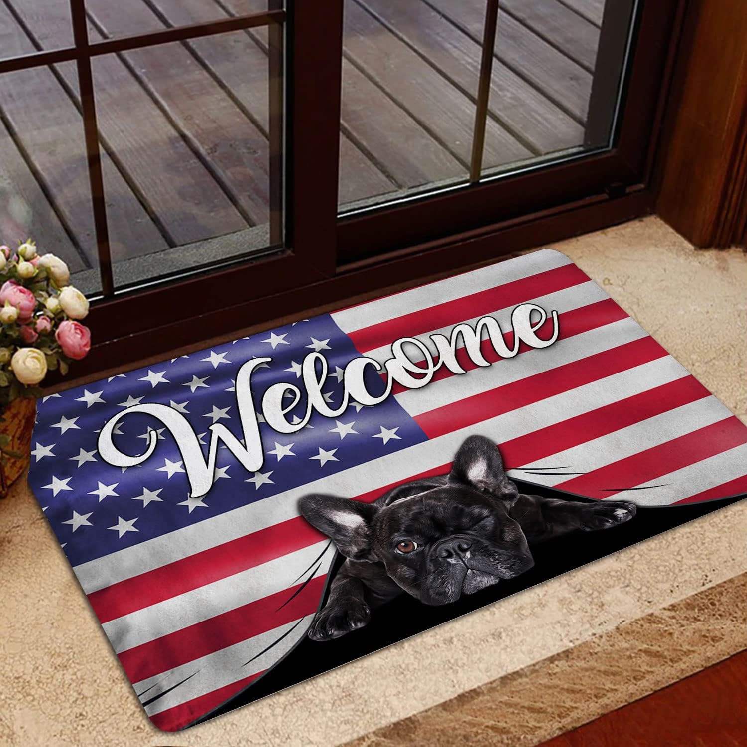 OhaPrints Funny French Bulldog Welcome American Flag USA Patriotic Welcome Doormat Front Rubber Door Mat Home Porch Decor Outdoor Indoor Entrance Floor Entryway Rug Modern Outside Entry Carpet