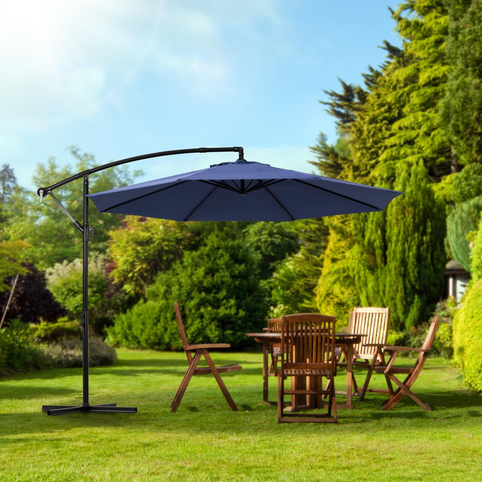 Backyard Expressions 10ft Offset Hanging Patio Umbrella with Crank Lift & Tilt, Outdoor Market Umbrella with UV-Resistant Canopy, Cross Base, and Air Vent for Backyard - Navy