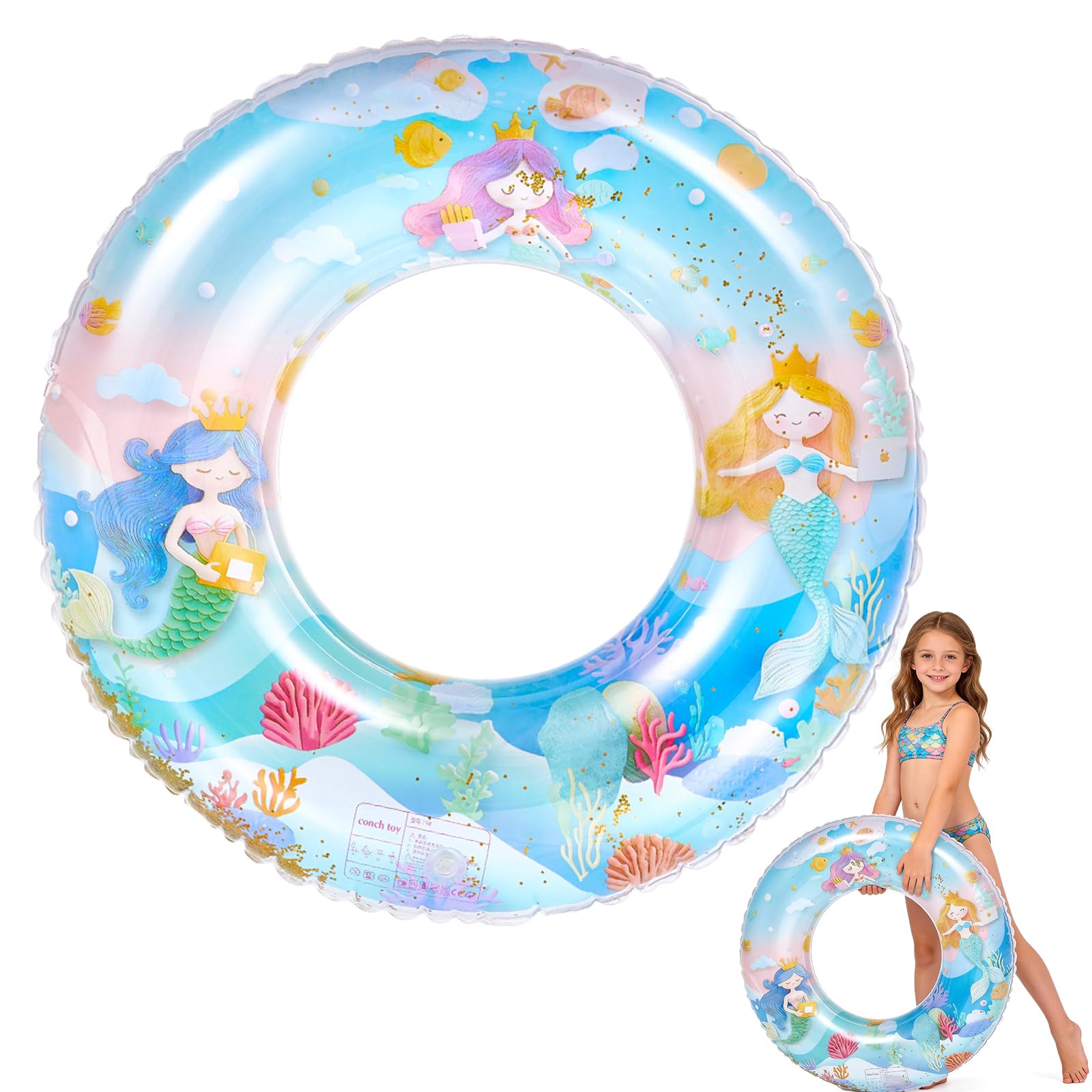 Swimming Ring for Kids, Mermaid Transparent Rubber Ring Inflatable Ring with Sequin, Leak-proof Pool Floats for Kids 4-9 Year — image 1