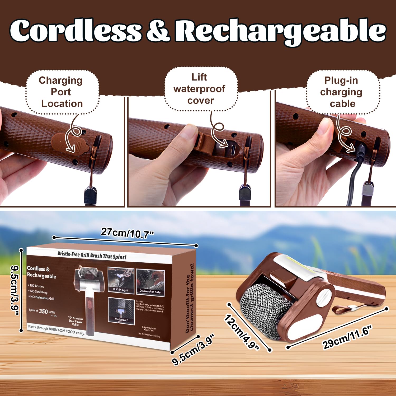 Vibbang Nettoyeur de gril électrique sans fil, Brosse Barbecue acier inoxydable 304, 350 TR/Min