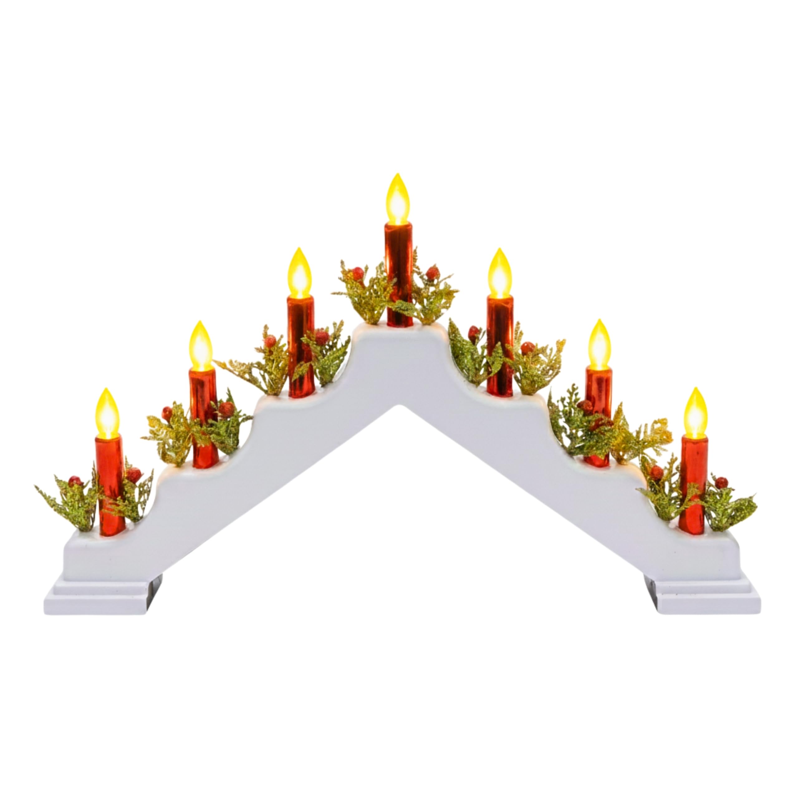 SHATCHI Latest Wooden Pre-Lit White Candle Bridge Light 7 LEDs Bulbs Metallic Red Candles - Battery or USB Powered - Window Christmas Tree Home Light Holiday Xmas Decoration