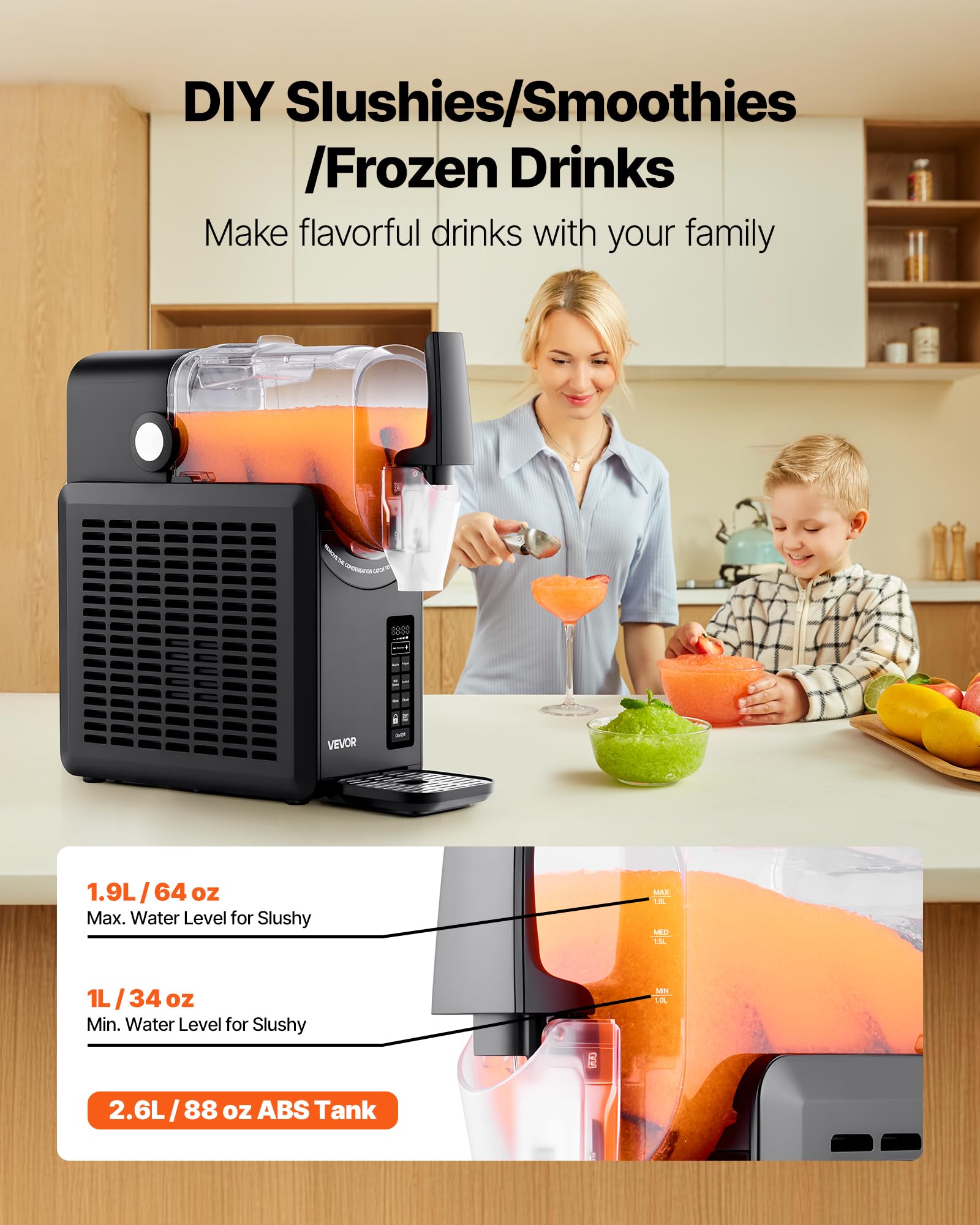 VEVOR Macchina per Granita da 2,6 L, Macchina per Bevande Ghiacciate Fredde con 5 Programmi Preimpostati, Funzinoe Autopulizia, Ghiacciate, Frappé, Milkshake, Cocktail