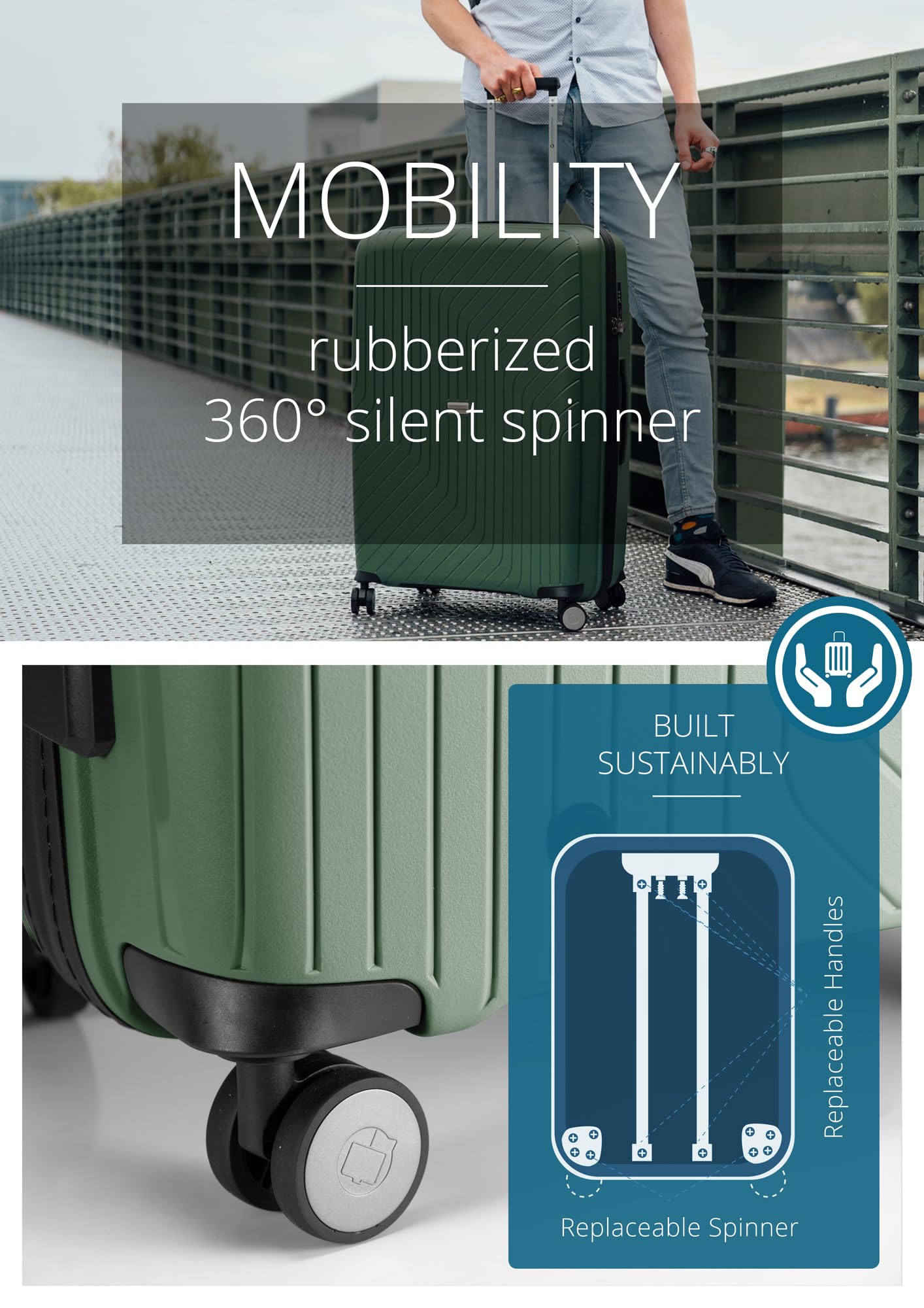 Hauptstadtkoffer TXL Zestaw Walizek 3 Sztuki S M L, Twarde Walizki z Zamkiem TSA, Zestaw Trolley 4 Kółka, Walizka Kabinowa 55 cm z Kieszenią na Laptop, Ciemnozielony