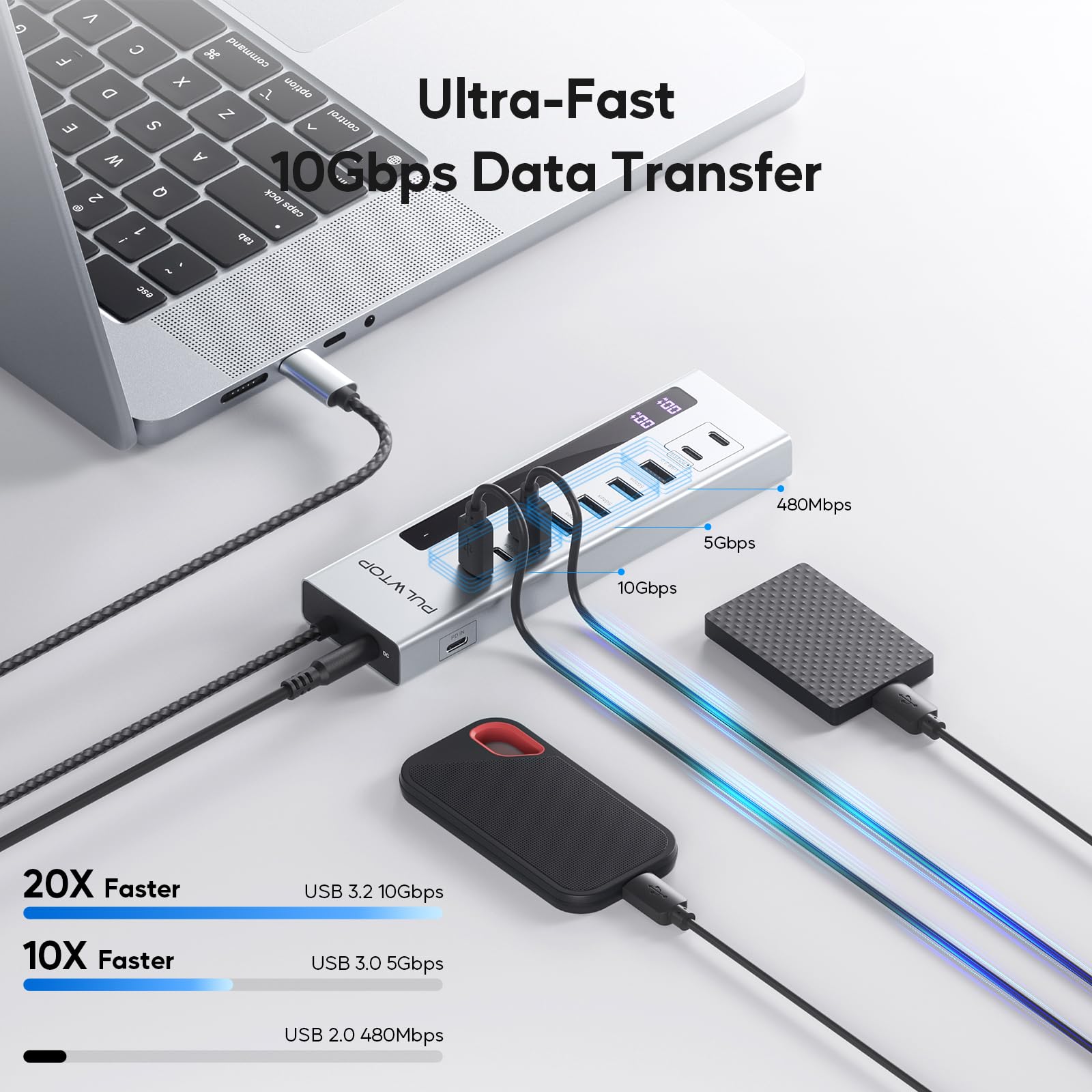 Hub USB C alimentato, 10 in 1 HUB USB-C con 3 x USB A/C 10 Gbps, 3 x USB-A 5 Gbps, 100W USBC PD, 2 x 24/45 W USBC PD Data Hub di ricarica per PC/laptop (adattatore 72 W incluso)