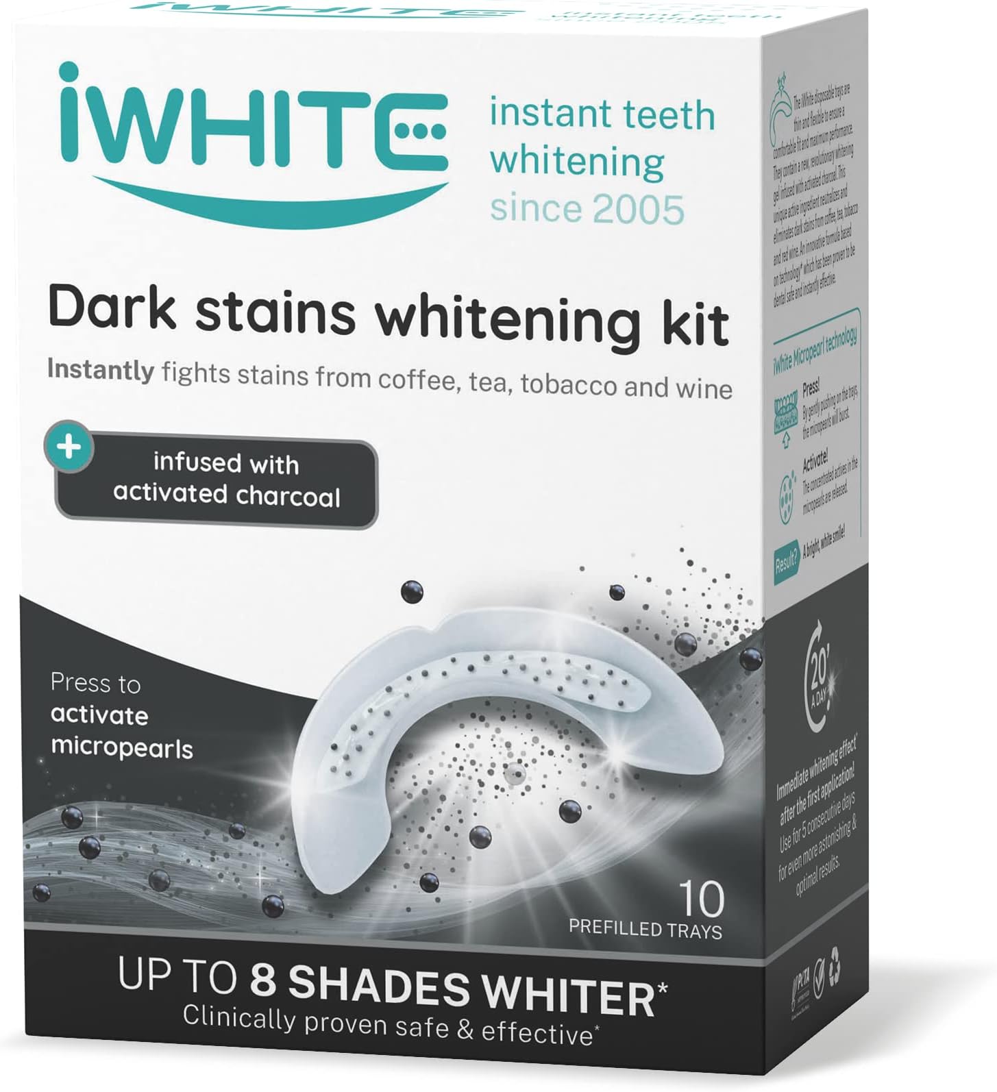 iWhite Dark Stains Teeth Whitening Kit – 10 Pre-Filled Trays – Instantly Removes Stains – Activated Charcoal Formula – Professional Teeth Whitening at Home – Peroxide-Free – Freshens Breath