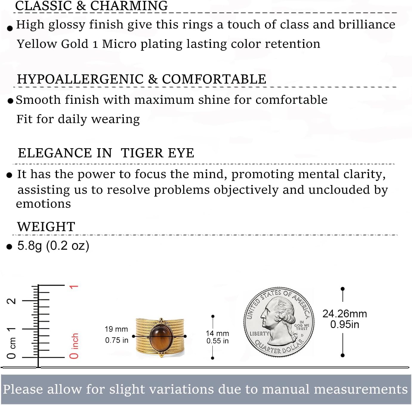 Western Captivating Tiger's Eye Stone Ring,Solitaire 8 * 10mm Oval Cut Gemstone 18K Gold Plated Stack 13mm Wide Ribbed Texture Band Statement Ring for Women - Image 9