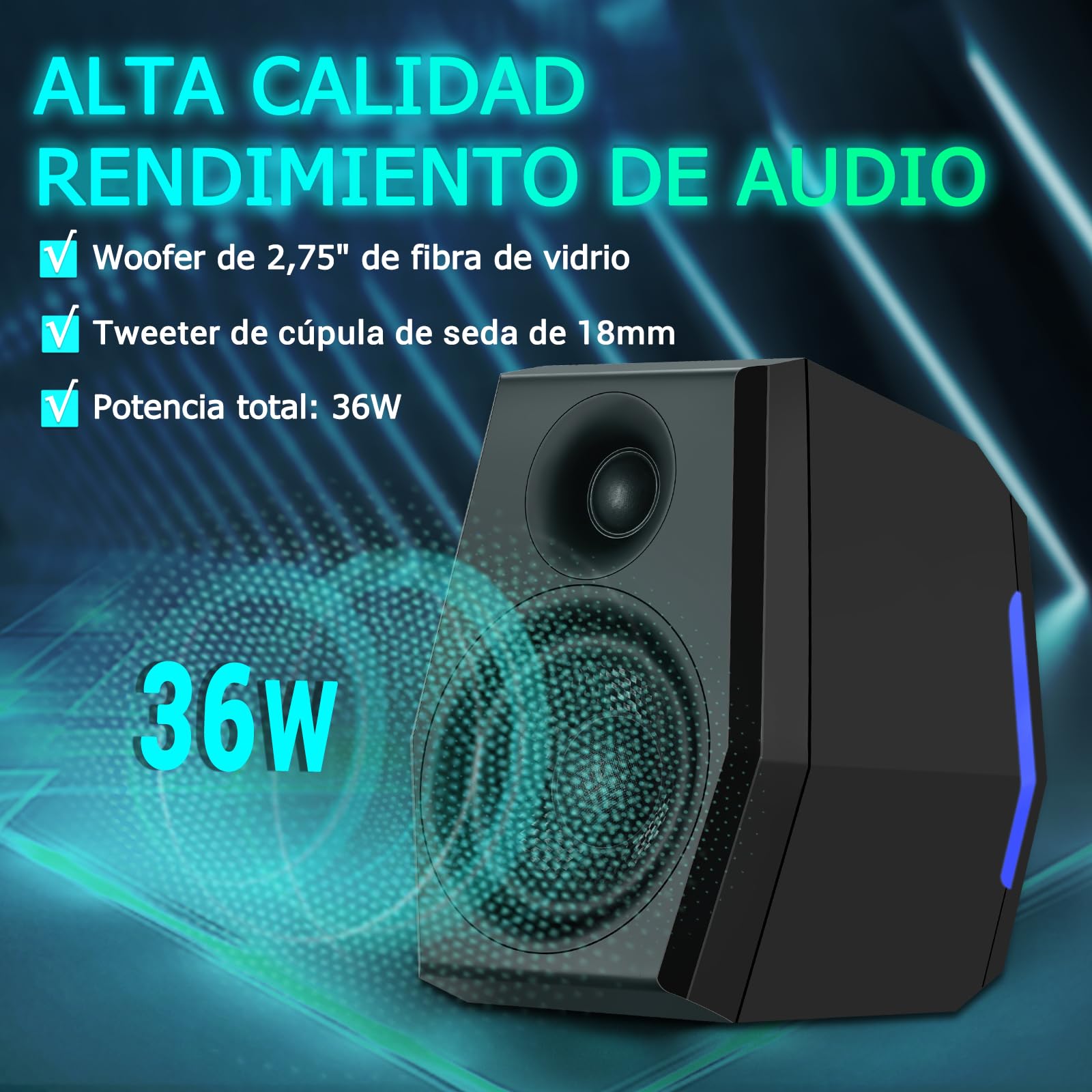 Sanyun SW209 Altavoces Gaming 2.0 36 W, Audio Táctico 3 Modos DSP | Gaming/Cine/Música, DAC 24 bits, USB-C/Bluetooth 5.2/AUX, Driver Fibra Vidrio 7cm + Cúpula Seda 18mm, RGB (Pareja, Negro)