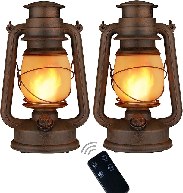 LED Flickering Lanterns Flame Effect Lantern Outdoor Hanging Lamps Decorations Indoor Retro Floor Light Battery Operated with Remote Control (2 Pieces)