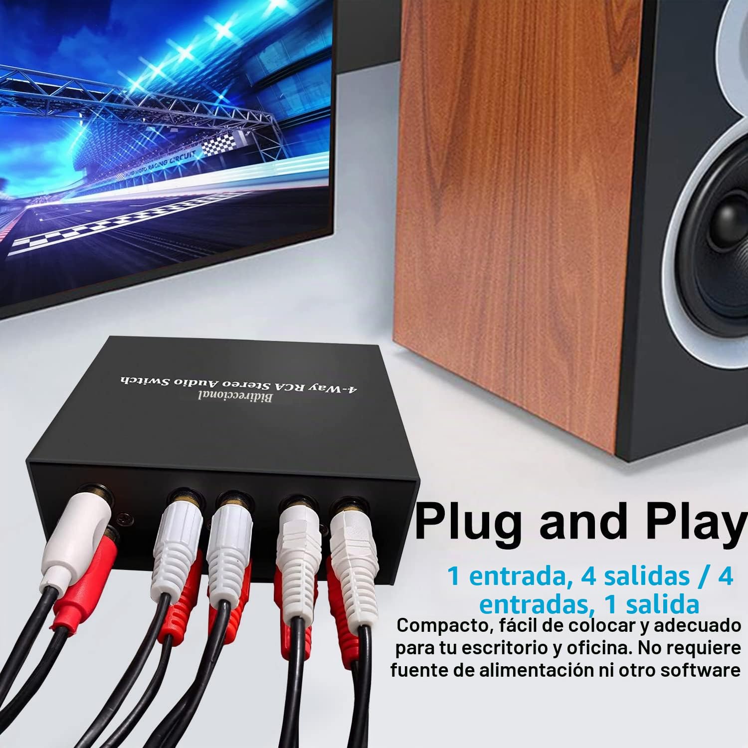Conmutador de Audio estéreo RCA bidireccional de 4 vías, 1 en 4 Salidas o 4 en 1 Salidas, Divisor de Audio de Canal de Sonido L/R Caja selectora de Audio