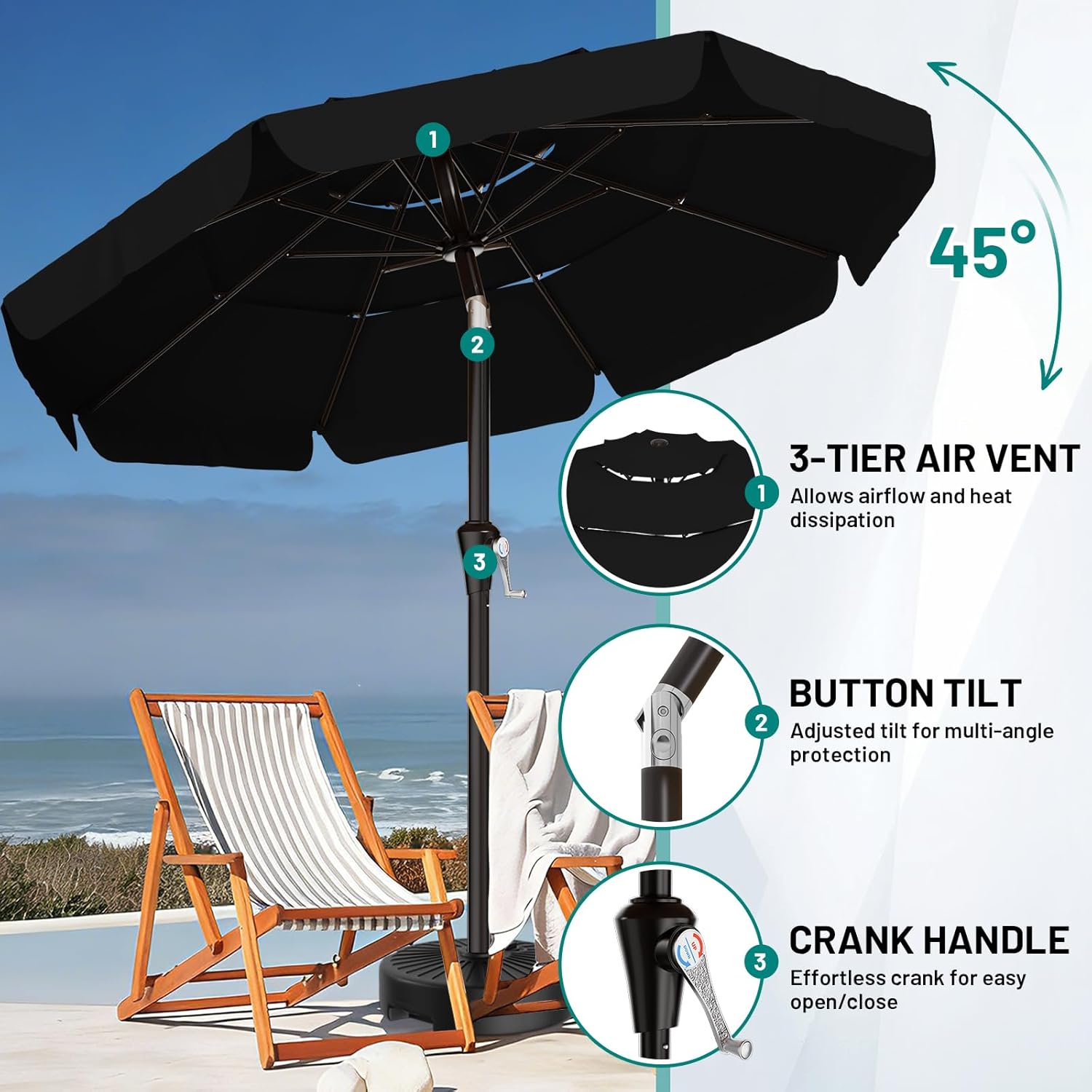 AreShark 10FT 3-Tiers Patio Umbrella with Valance Outdoor Umbrellas with Crank/Tilt, Table Market Umbrella Vented w/ 8 Sturdy Ribs for Garden, Deck, Backyard, and Pool, Black
