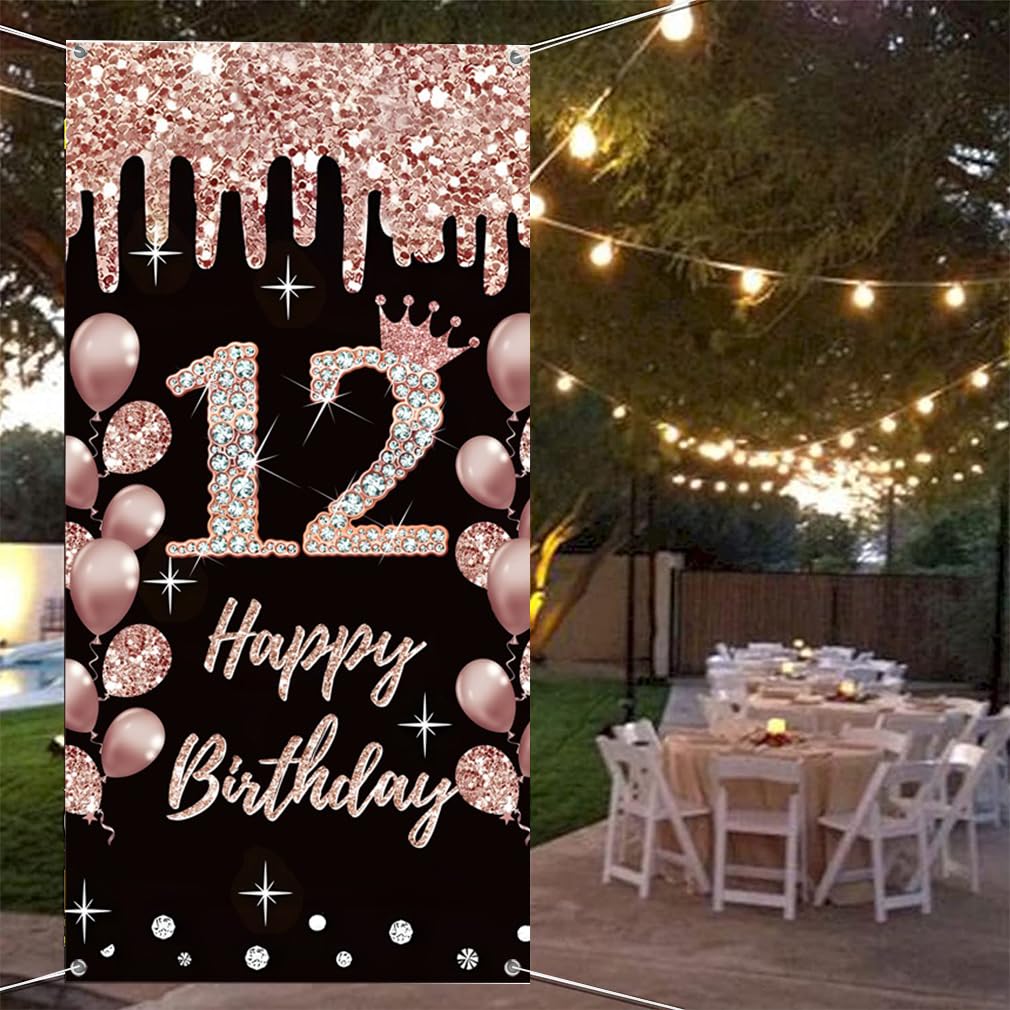 Happy 12th Birthday Banner – 150x90 Cm, Vinyl-Stoff | Deko Für Mädchen-Party In Schwarz & Rosa