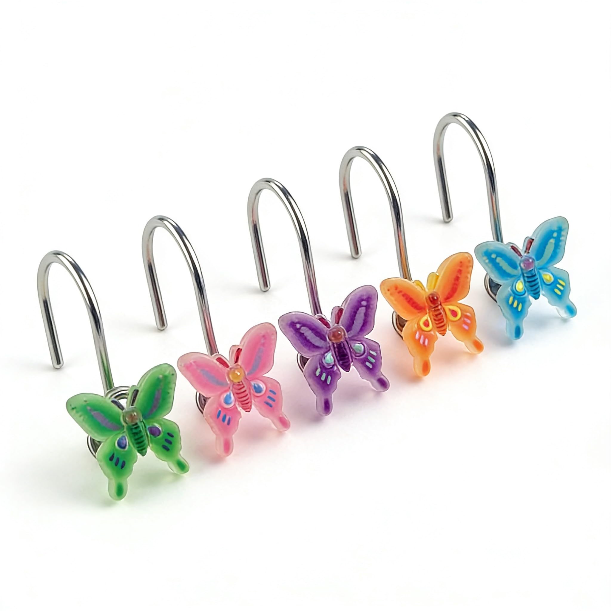 Two Fish Home Fashions Set of 12 Decorative Butterfly Shower Curtain Hooks, ButterflyResin Curtain Rings Pack of 12