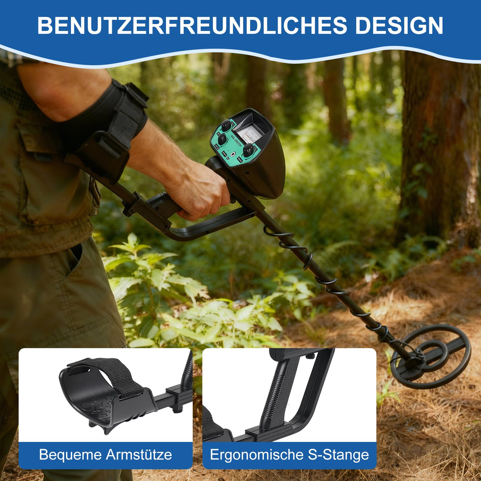 Metalldetektor, Metalldetektor Profi für Erwachsene Anfänger und Kinder - Leichter Hochpräziser Metalldetektoren mit Schaufel, Batterie & Wasserdichter Suchspule verstellbarem Länge (78–107 cm)