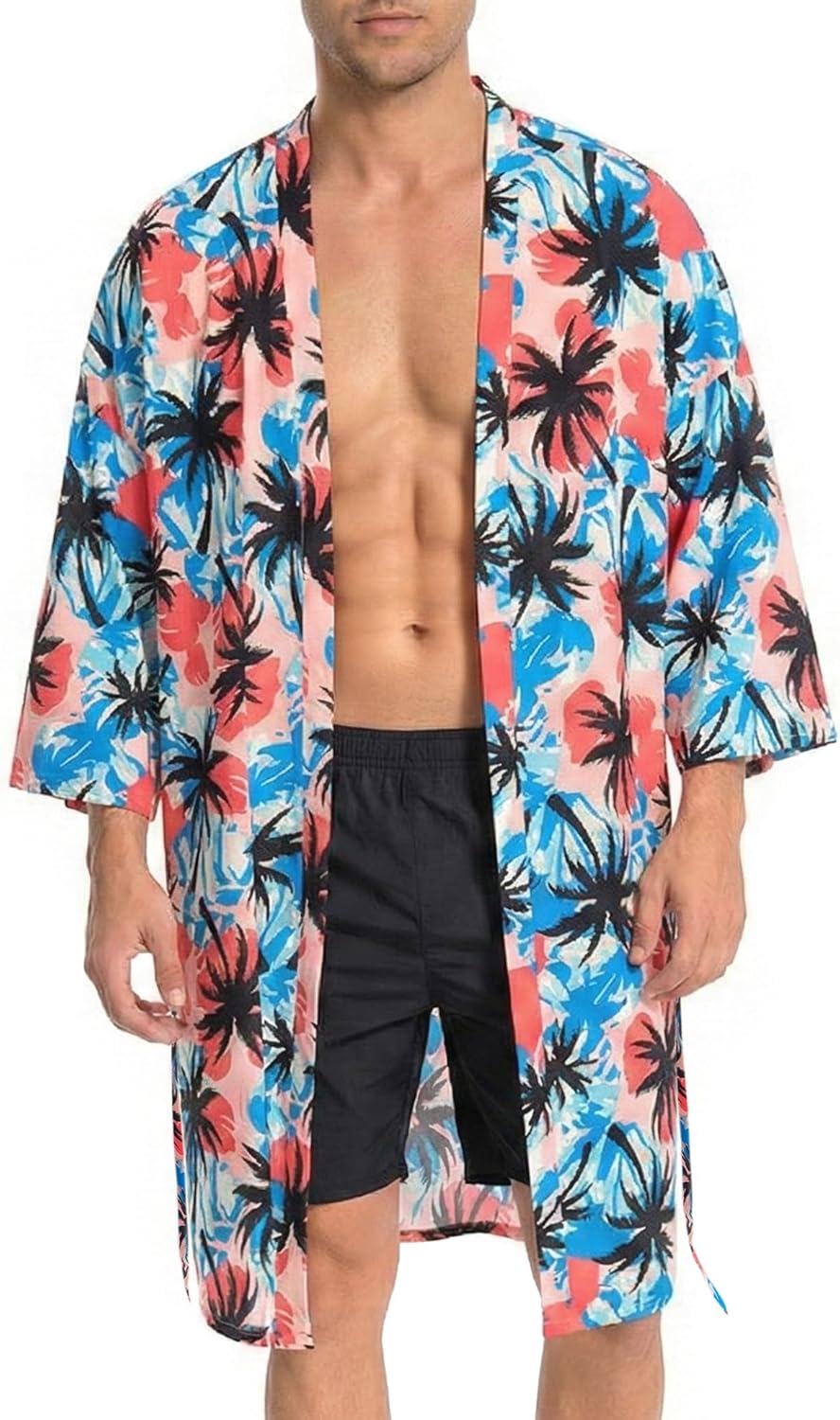 OLAOLA Men Lightweight Kimono Robe with Belt Japanese Style Robe Jacket Casual Open Front Long Cardigan Cape Coat Outwear