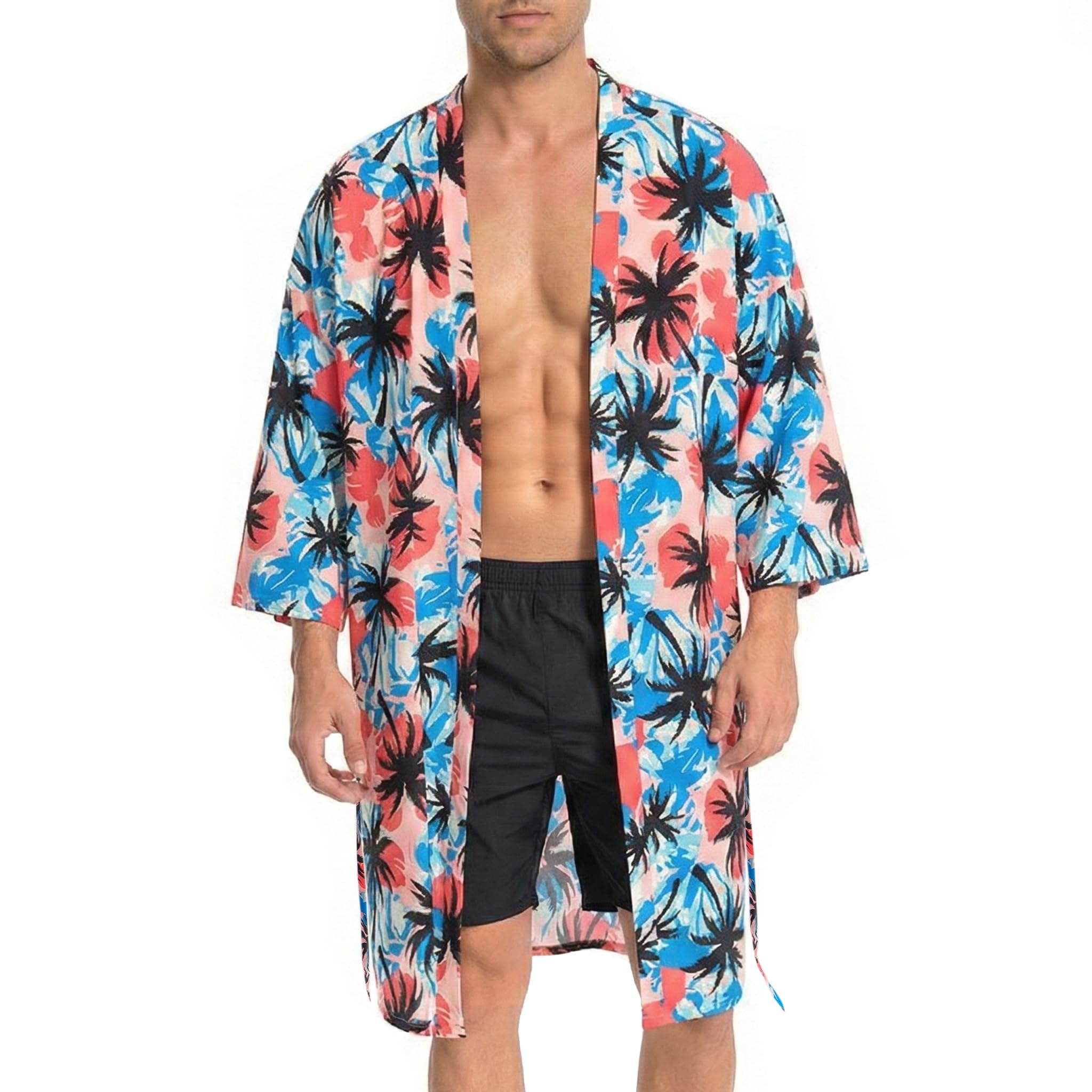OLAOLA Men Lightweight Kimono Robe with Belt Japanese Style Robe Jacket Casual Open Front Long Cardigan Cape Coat Outwear