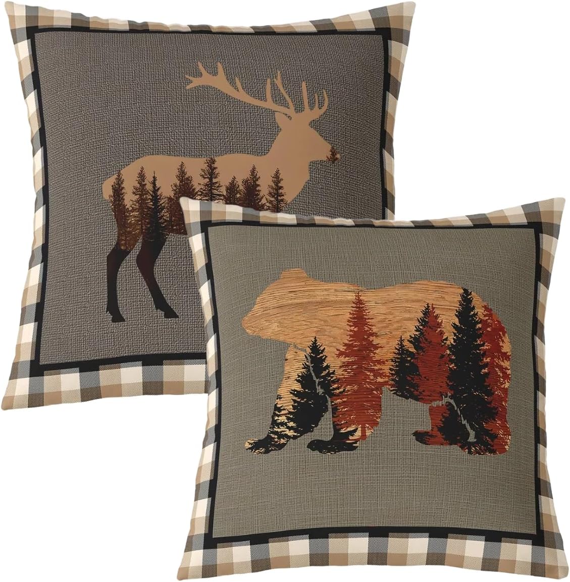 Feelyou Set of 2 Rustic Bear Throw Pillow Covers,Cabin Deer Hunting Cushion Case for Home Living Room Decor, Reversible Farmhouse Animals Plaid Grid Brown Decorative Throw Cushion Case, 22x22 Inches