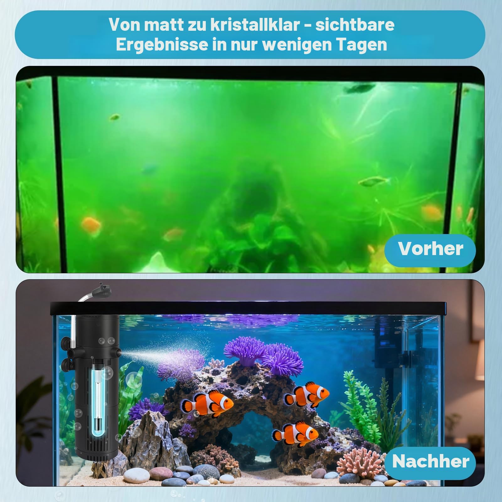 Aquarium Filter 1800L/H Anti Algen UV Klärer Innenfilter | Aquarium Innenfilter mit Belüftung und Regendusche, Leis Algenvernichter Wasserpumpe, Aquarien geeignet für 180-600L