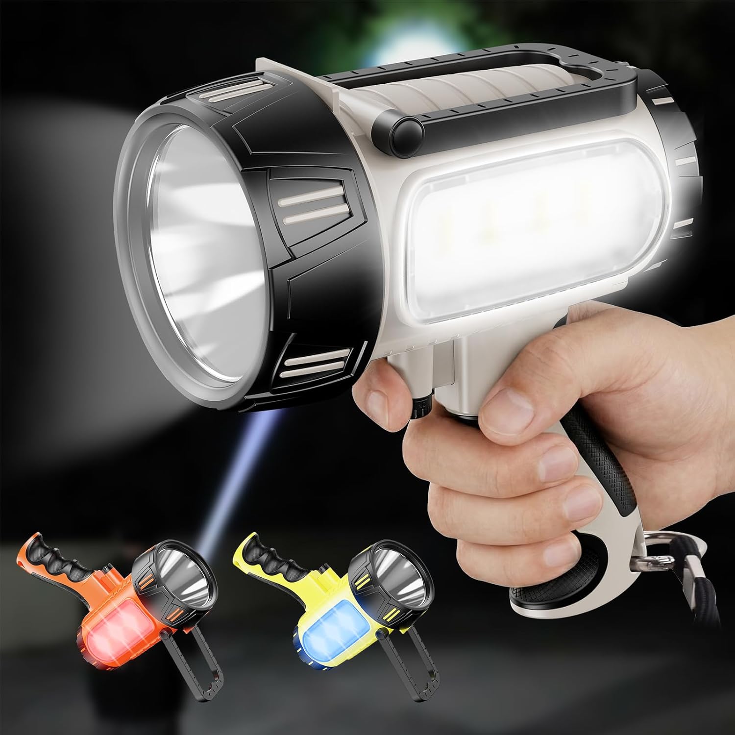 REDVIO Rechargeable Handheld Floodlight 10000 Lumens High Bright Long Shooting Dual Light Side Light 4 Lighting Modes IPX6 Waterproof Emergency Camping Fishing Flashlight (Gray)