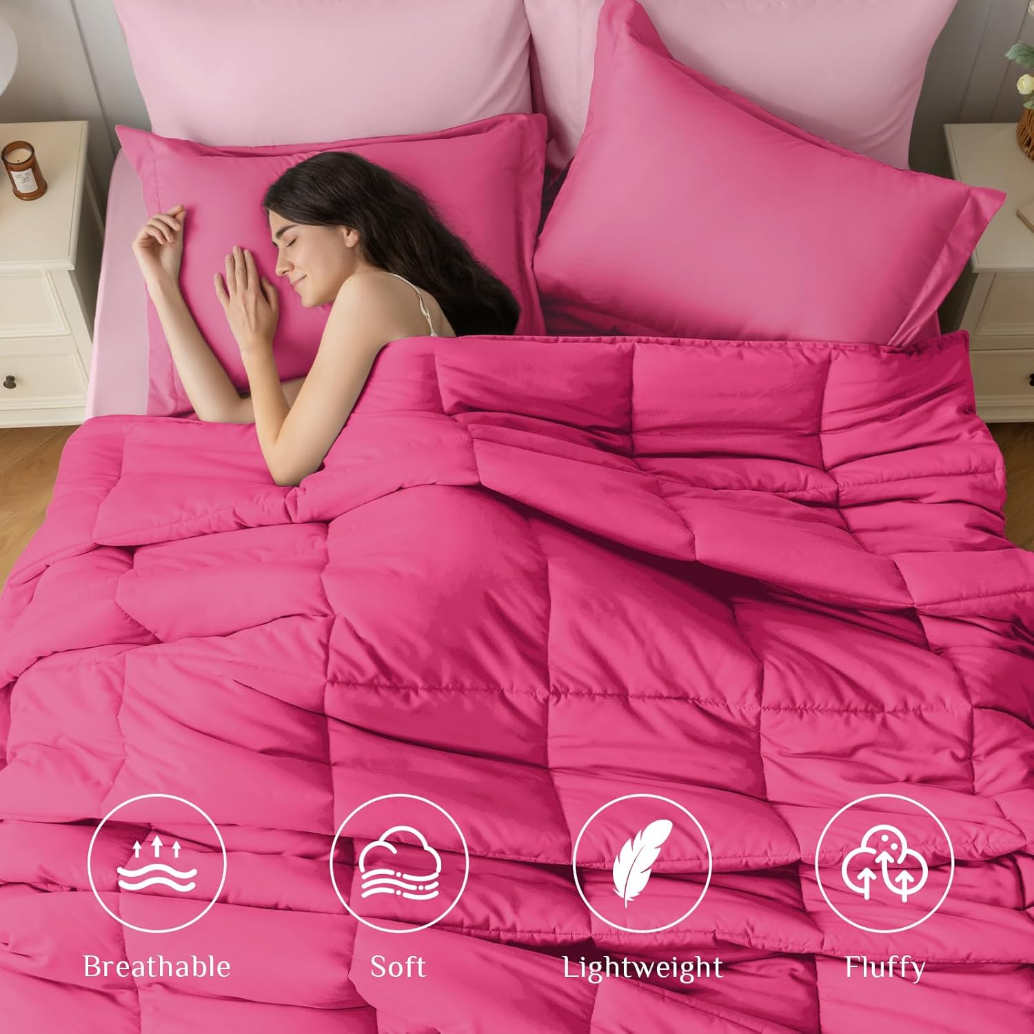 JOLLYVOGUE Twin Comforter Set, Ultra-Soft Bed in a Bag Twin Size 5 Pieces, Oeko-TEX Certified Bedding Set with Down Alternative Comforter, Sheets, Pillowcases & Shams, Hot Pink & Baby Pink - Image 2