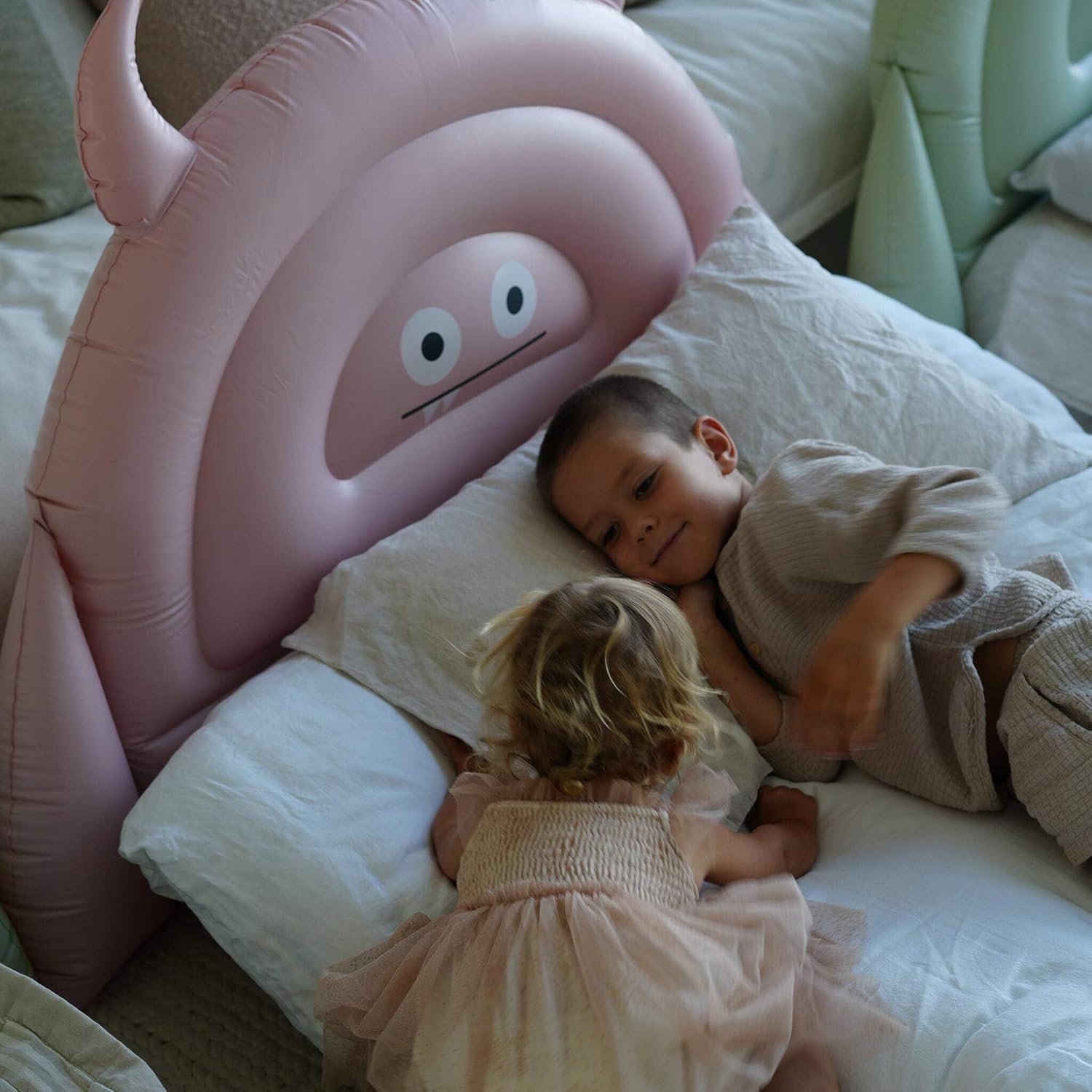 SUNNYLiFE Kids Inflatable Bed - Flocked Air Mattress for Toddlers, Durable Floor Bed for Camping & Sleepovers, 154lbs Capacity | Monster Pink