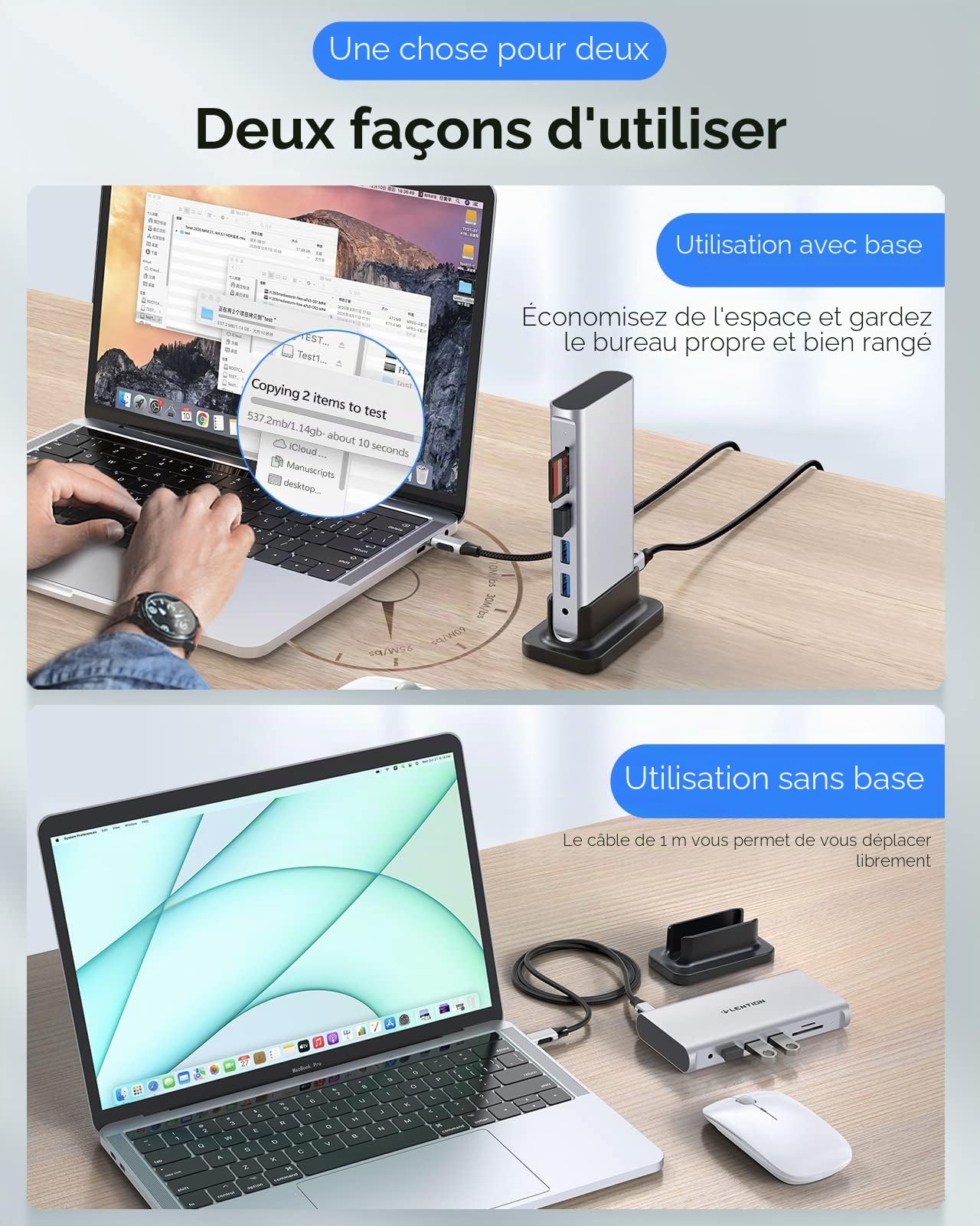 LENTION 10-en-1 Docking Station USB C Dual Affichage avec 4K HDMI et VGA | Gigabit Ethernet Hub Multiport Adaptateur avec PD 100W, Audio 3.5mm, SD/TF, 3 USB 3.0 Ports de Donnée pour MacOS&iOS, Windows