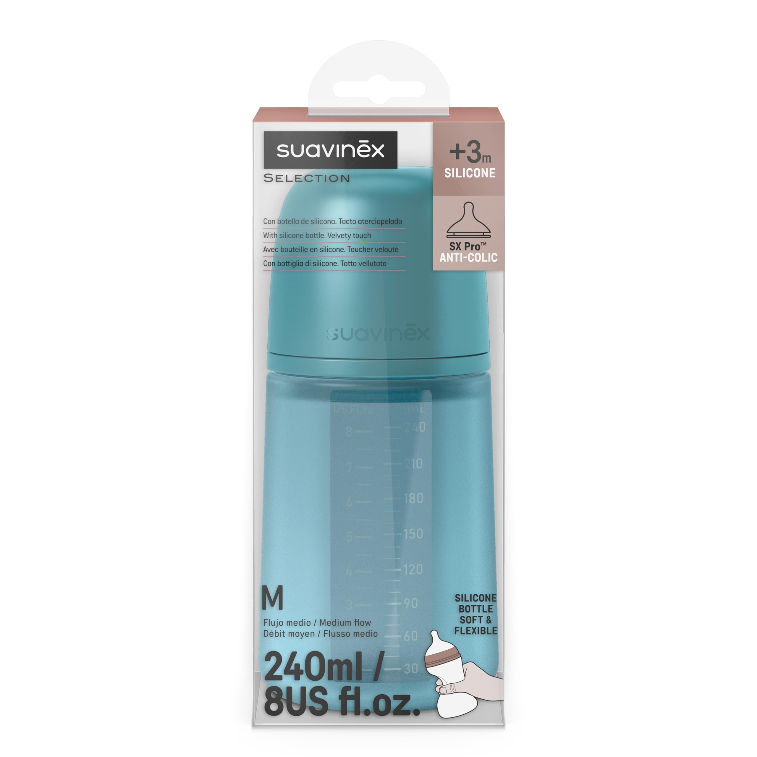 Suavinex, Biberon in Silicone da 240 ml, con Tettarella Fisiologica in Silicone SX Pro, con Valvola Anticolica, Biberon a Flusso Medio (M). Per bambini +3 mesi. Colour Essence Blu oceano