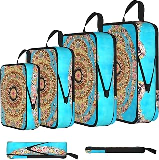 Blue Floral Persian Carpet Pattern 4 Set Compression Packing Cubes For Travel Bags Organizer For Luggage Suitcase Organizer, Compression Bags For Travel Accessories Luggage Storage Set
