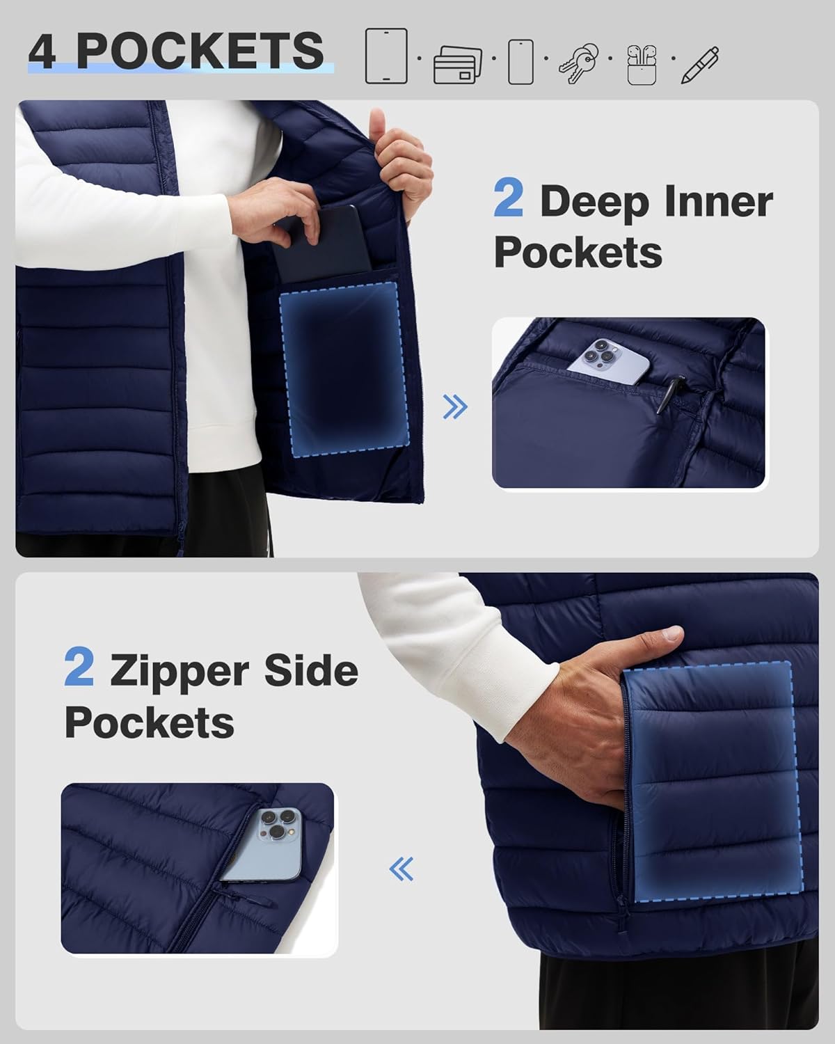 WHN Men's Lightweight Puffer Vest Outerwear Packable Waterproof Warm Quilted Sleeveless Jacket with Pockets Hiking Casual - Image 5