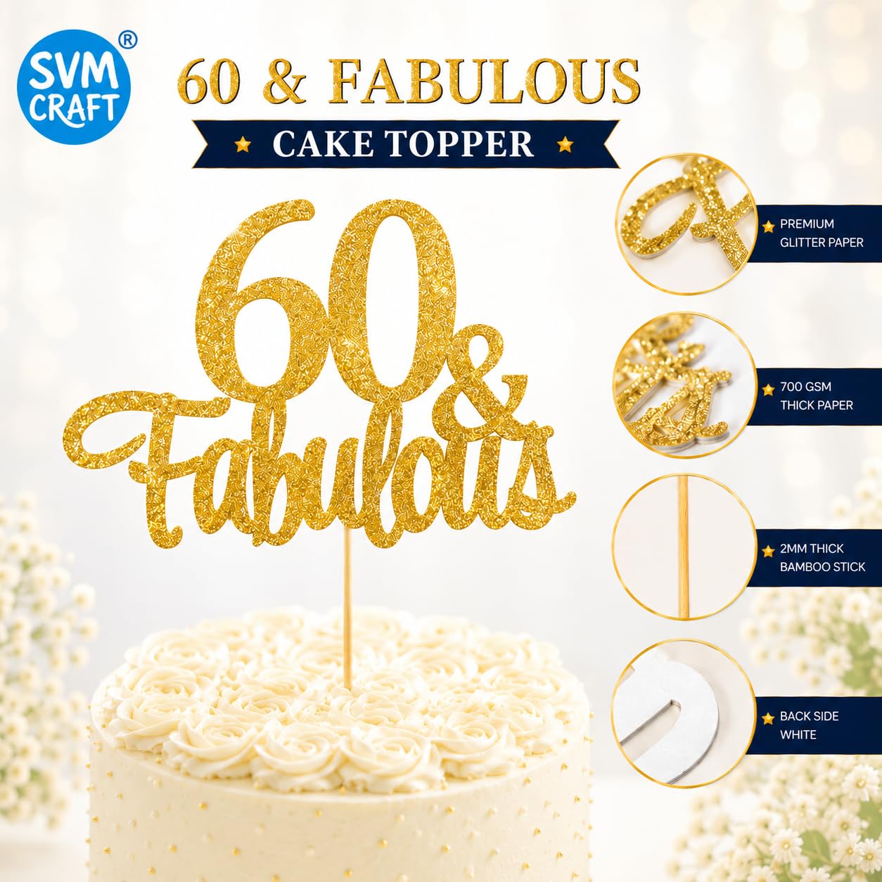 Gold Glitter 60th Birthday Cake Topper - "60 & Fabulous" -4
