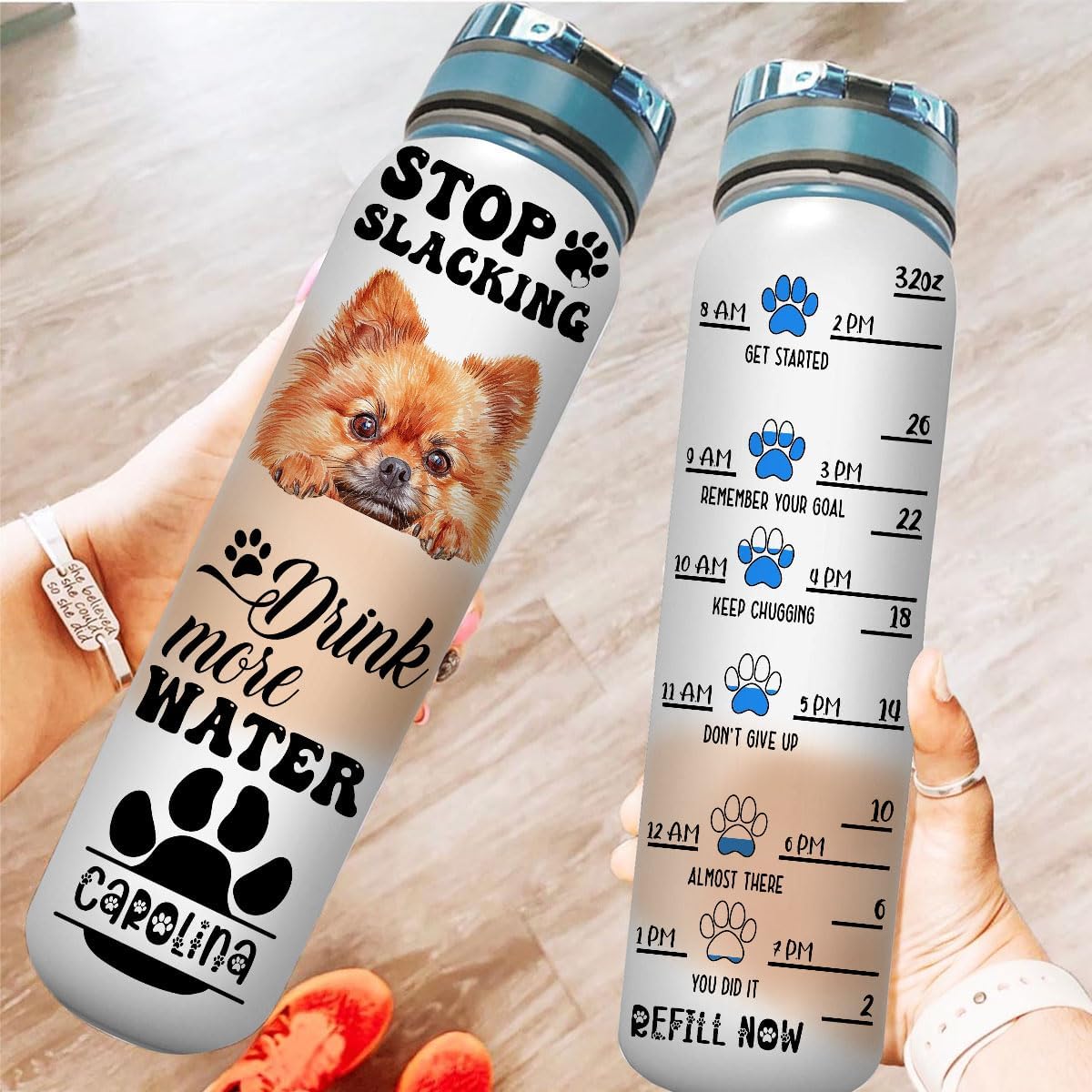 Stop Slacking Start Drinking Pomeranian Dog Lovers Motivational Tracker Working Out Running Yoga Fitness Tracker Water Bottle 32oz Custom Name Gift