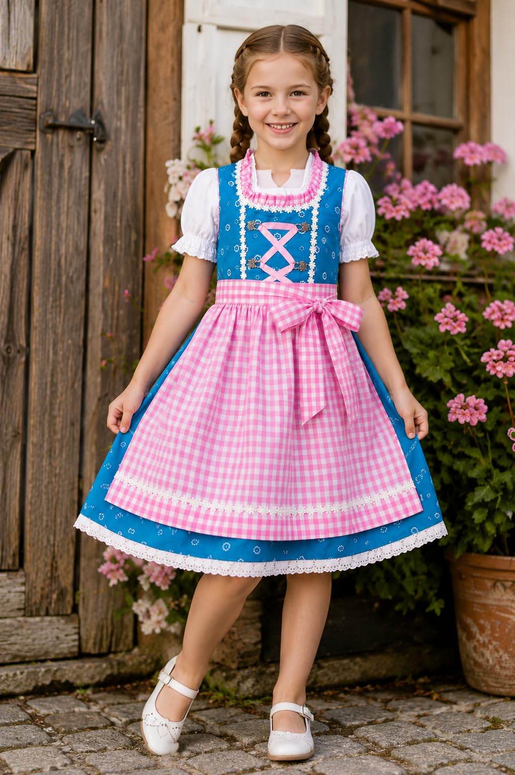 Ramona Lippert® - Dzieci Dirndl dla dziewczynek - zestaw Dirndl NINA - turkusowy + różowy - w zestawie sukienka, fartuch i bluzka - świąteczny strój - rozmiar 86 do 164, turkusowy, 146-152