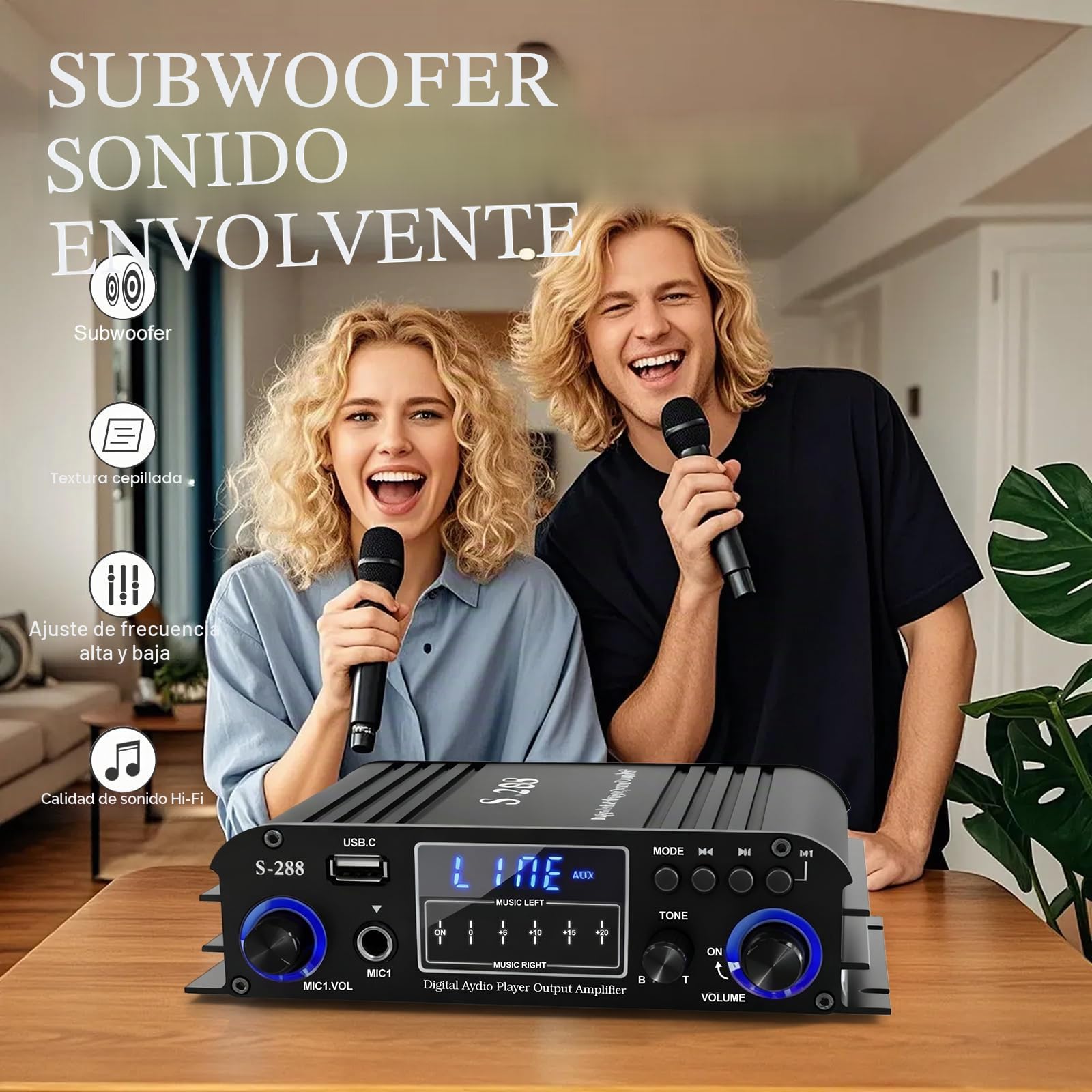 Amplificador de 4 canales, amplificador de potencia de audio de 1200 W, Bluetooth 5.0, 30 Wx4 con USB/micrófono/FM con mando a distancia, amplificador de altavoz integrado de alta fidelidad para casa