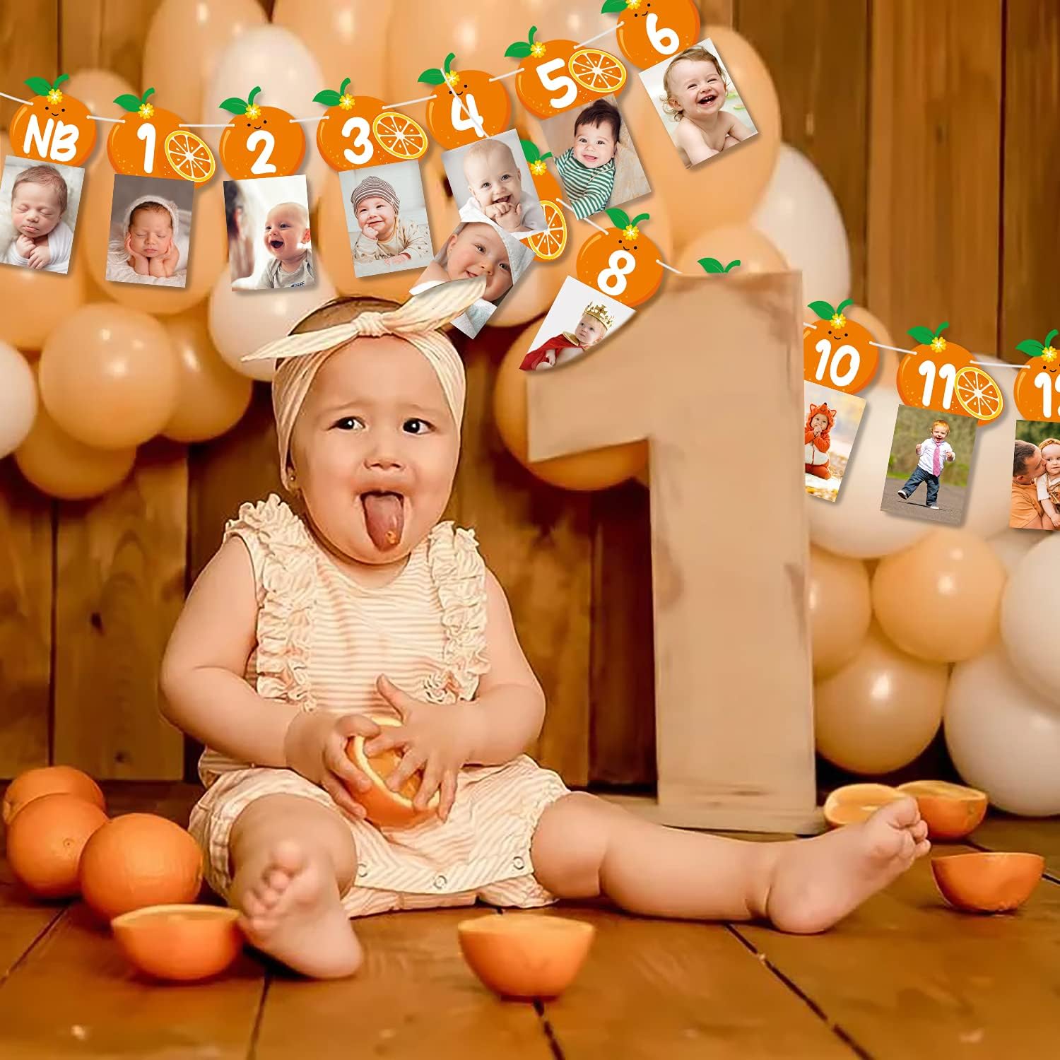 Haooryx Little Cutie New Born Photo Banner, Fall Theme First Birthday Newborn to 12 Month Photograph Display Milestone, Orange Baby Shower Citrus One Party Decorations Tangerine 1st B-day Supplies