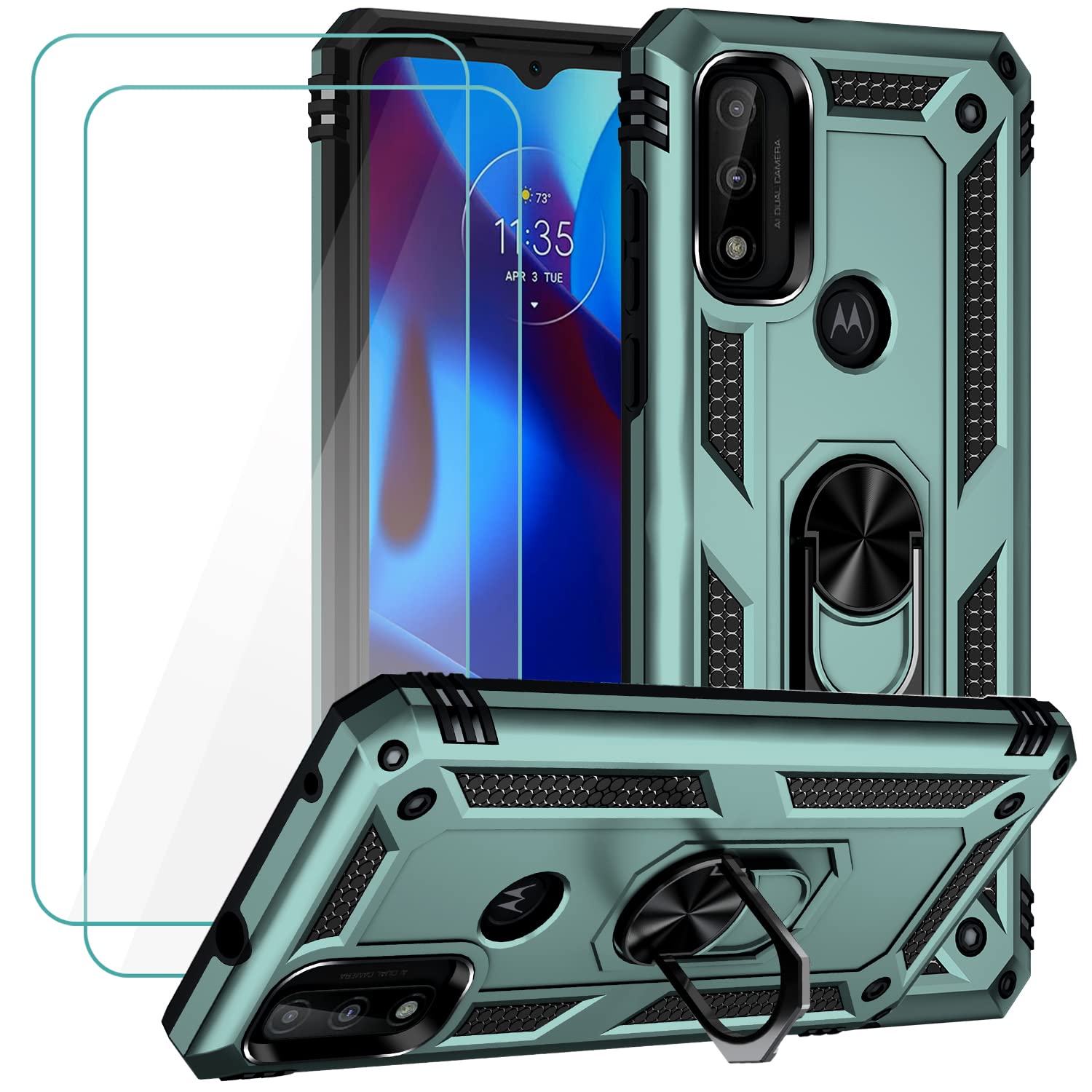 Muntinfe for Moto G Pure Case, Moto G Power 2022 Case with Tempered Glass Screen Protector [2 Pack], Military-Grade Shockproof Phone Cover with Ring Magnetic Kickstand for Motorola G Pure, Dark Green