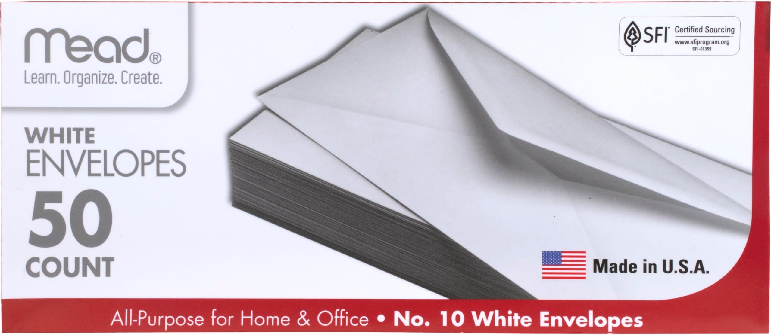 Mead #10 Envelopes, Letter Size, 4-1/8" x 9-1/2", Gummed Closure, White All-Purpose for Home & Office Mail, 50 Count (75050)
