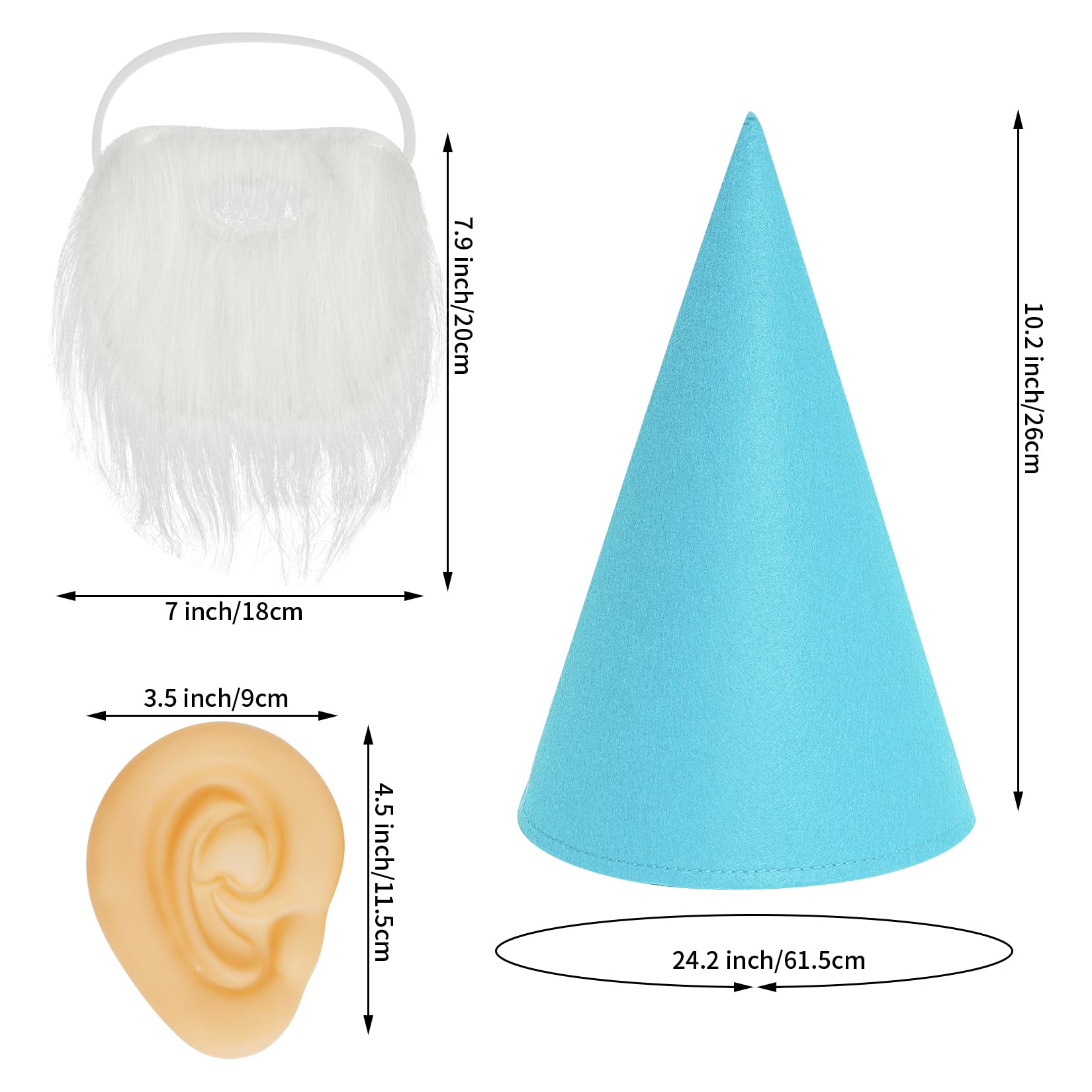 16 Packs Gnome Costume Sets, 7 Pcs Felt Cone Dwarf Hats, 7 Pcs White Fake Beard and 2 Pcs Fake Ears for Halloween Christmas Party Cosplay, Style 4