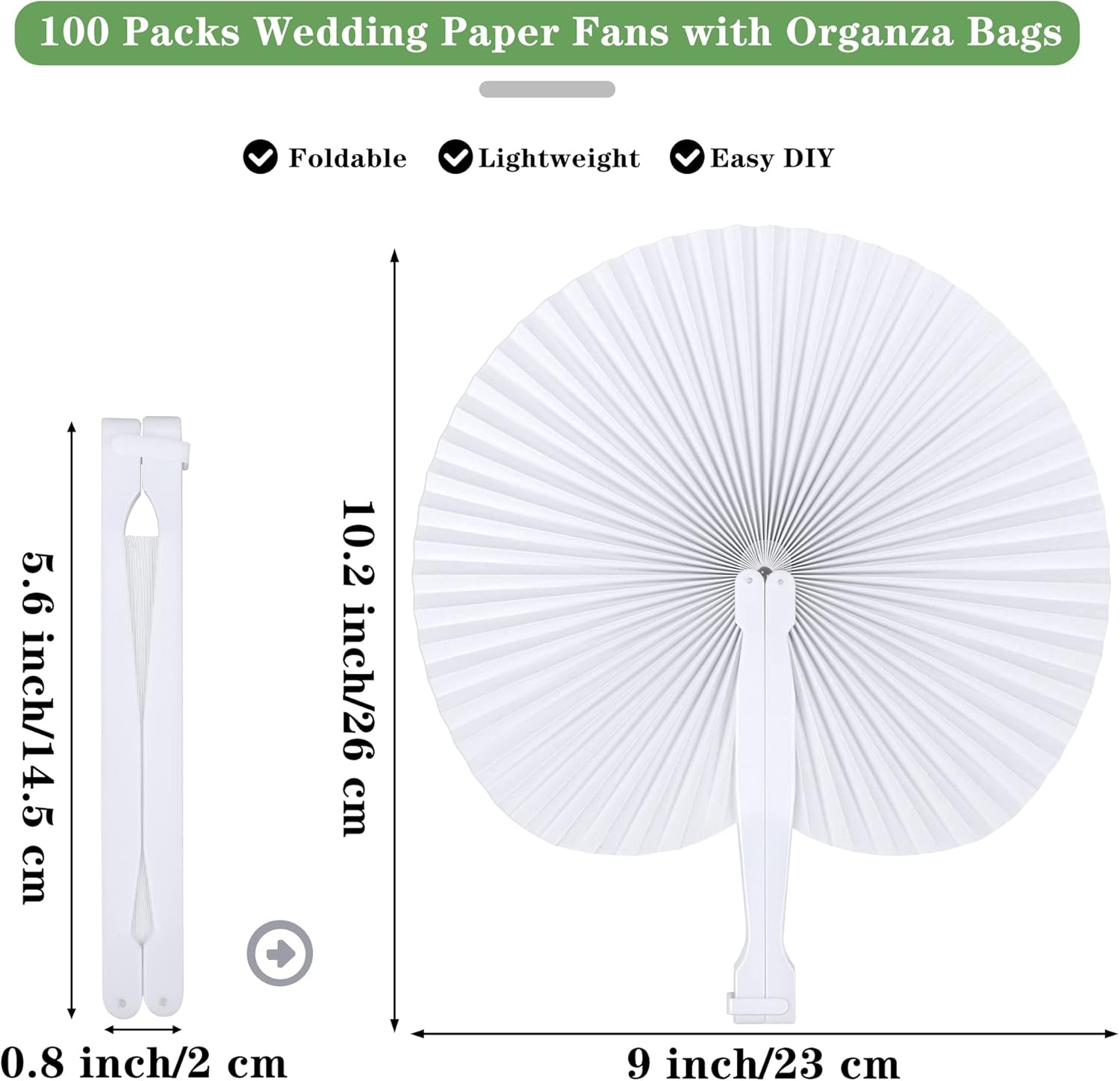 MCEAST 100 Pack Wedding Paper Fans Handheld Folding Fan White Round Shaped Folding Paper Fans Handheld Fan with Plastic Handle and Bags for Wedding Birthday Party Favors Supplies Home Decor