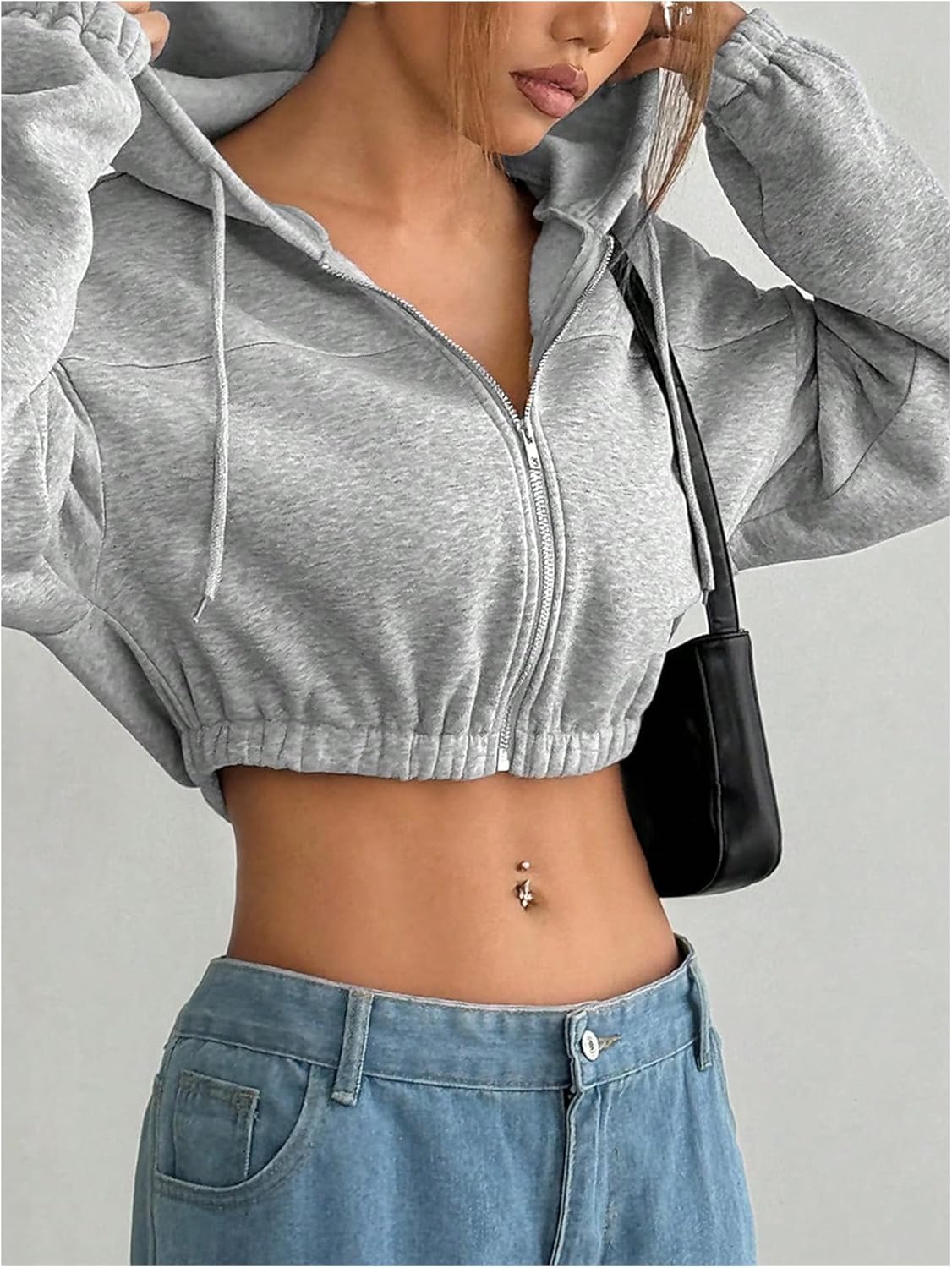 SHENHE Women's Cropped Zip Up Hoodie Jacket Athletic Workout Long Sleeve Sweatshirt Hoodies - Image 2