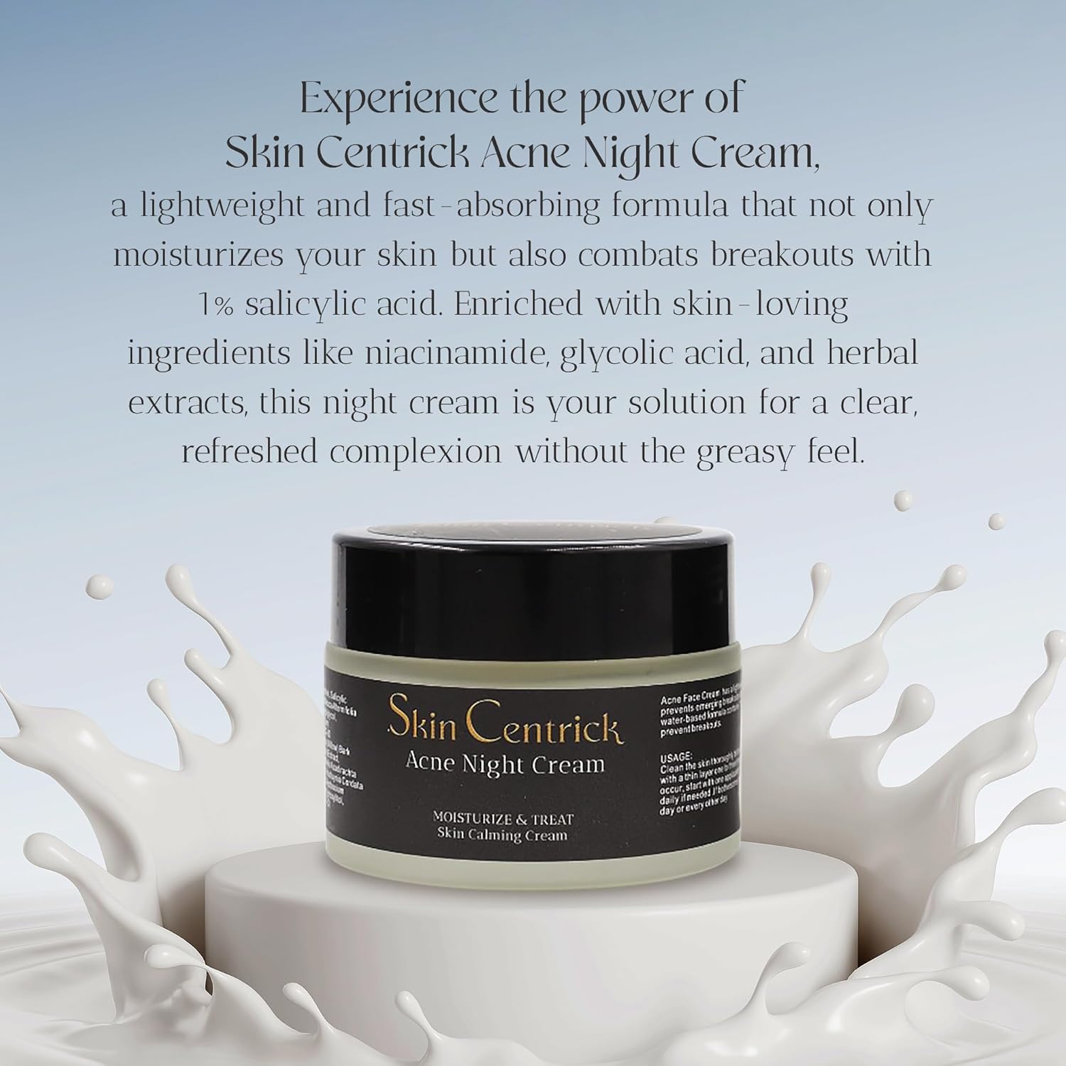 Acne Night Cream - Gentle Moisturizer for Acne-Prone Skin| Water-Based Formula with 1% Salicylic Acid,Tea Tree Oil & Willow Bark Extract | All Skin Types