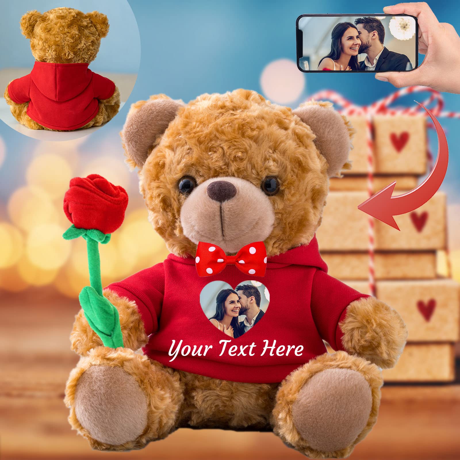 Personalized Teddy Bear With Photo & Text | 10" Hoodie Bear With Rose, Valentine Gift