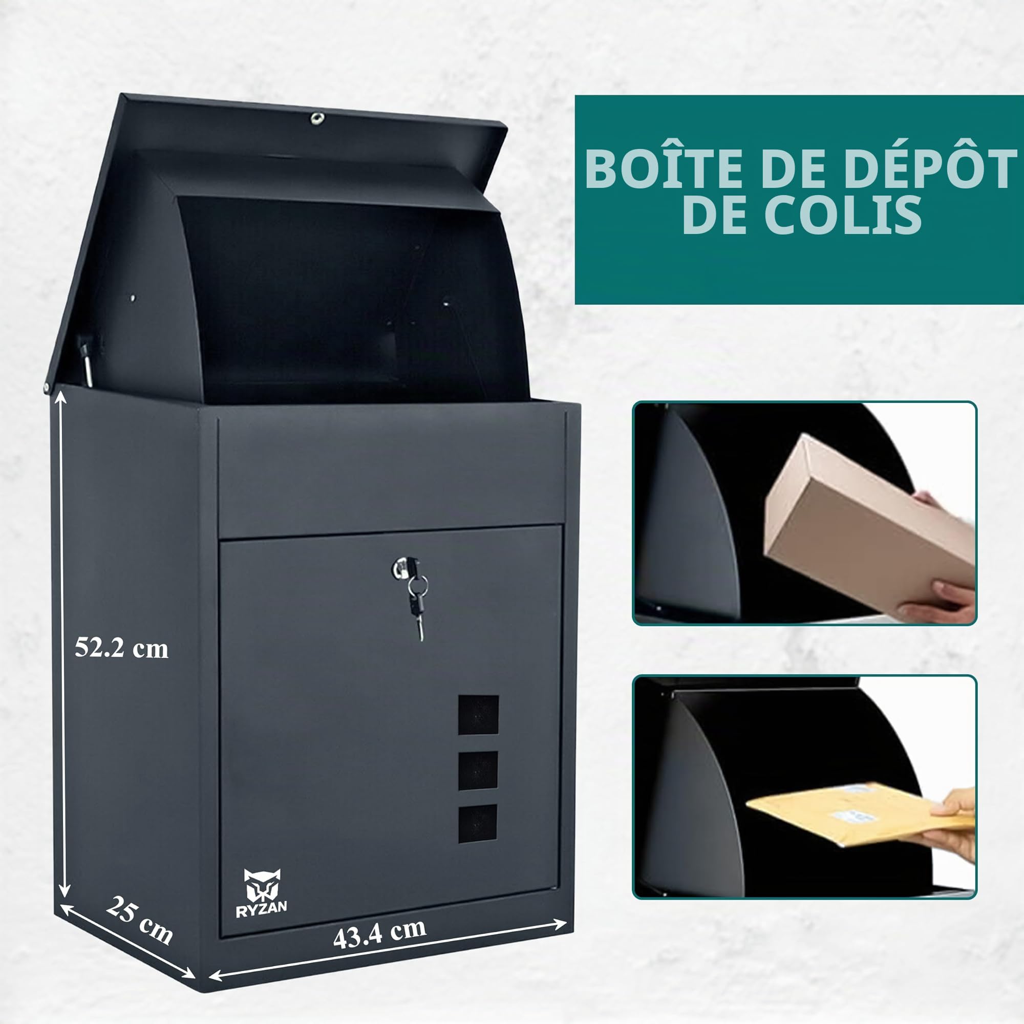 RYZAN Boîte à colis murale sécurisée noire, boîte de livraison étanche verrouillable pour plusieurs grands colis, 52,2 x 43,4 x 25 cm