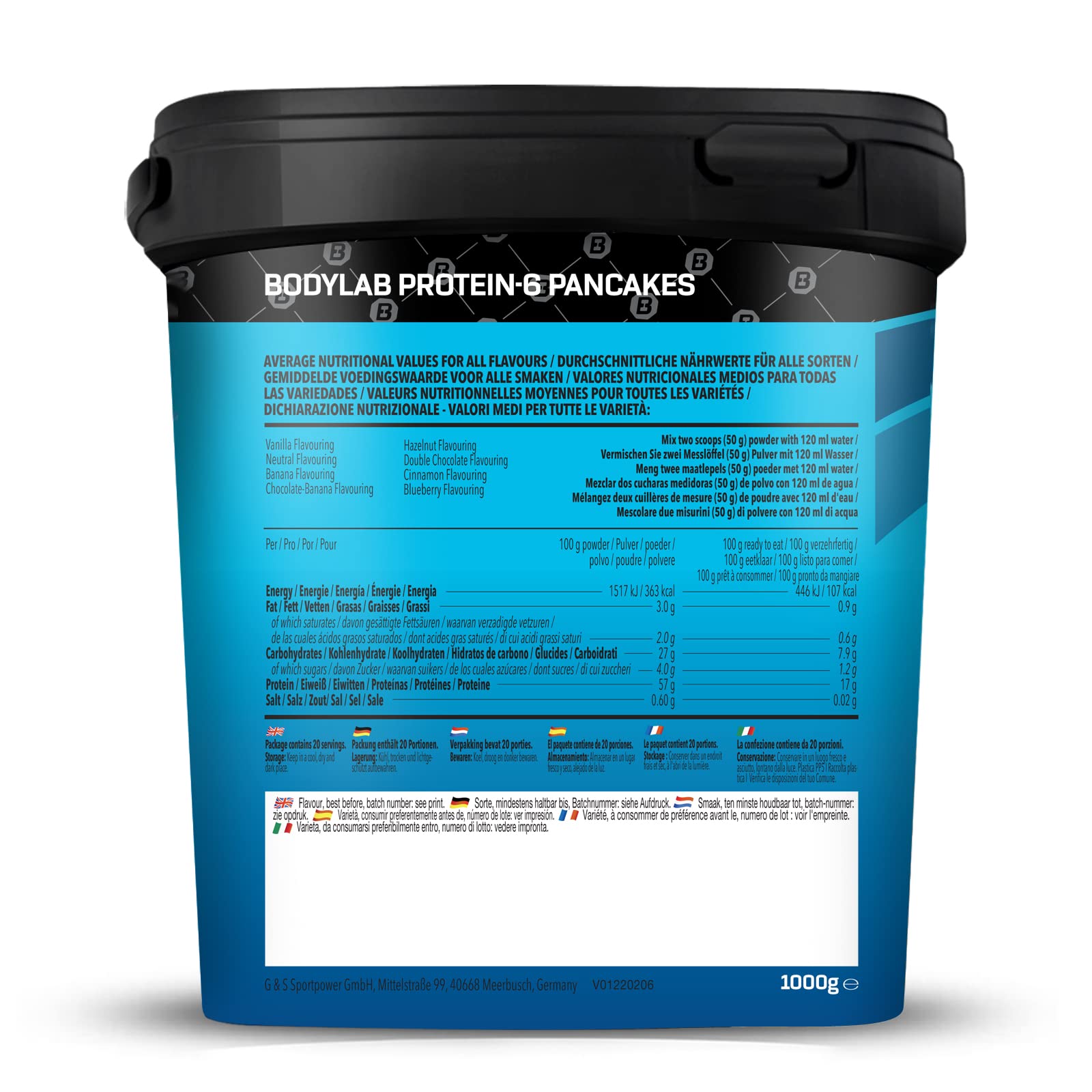 Bodylab24 Protein Pancake Mix Protein-6 Pancakes Vanille 1kg, poudre pour crêpes avec presque 60% de protéines, poudre de protéines multicomposantes