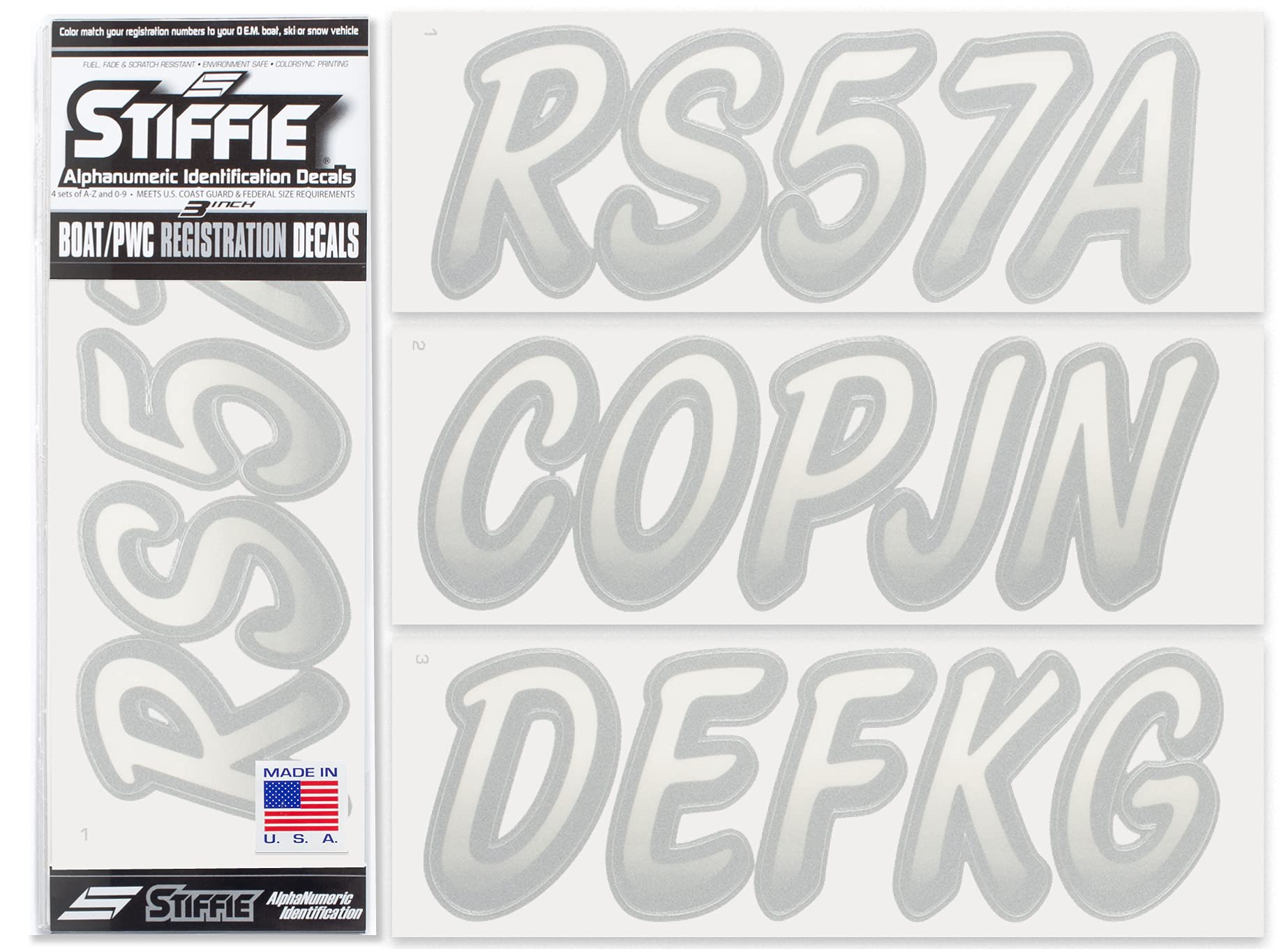 STIFFIE Whipline Transparent Clear/Silver 3" Boat &amp; PWC Registration Decals • Numbers Letters Stickers
