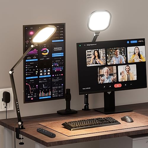 2 Packs Video Conference Light for Computer, 15W LitONES Desk Light for Zoom Calls Meeting with C-Clamp & Metal Swing Arm, Podcast Lighting Kit with Remote, Memory & Timing CRIďź95 - Black-2 packs