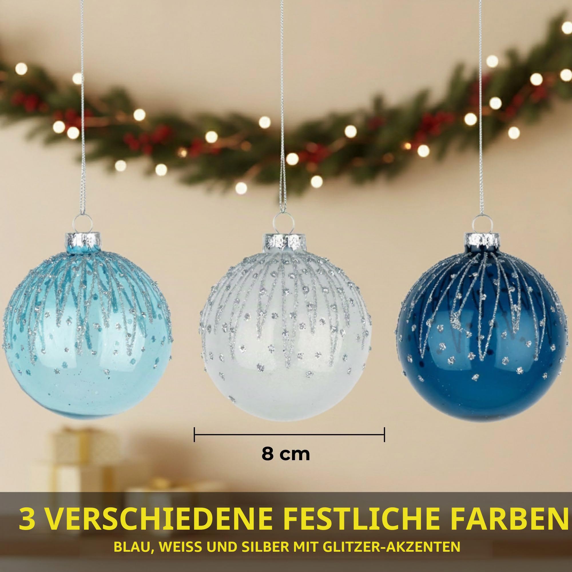 12 Stück/80 mm Glaskugeln, Weihnachtsbaumkugeln, hängende Ornamente, Verschiedene Designs, Weihnachtsbaumschmuck, Blau, Weiß
