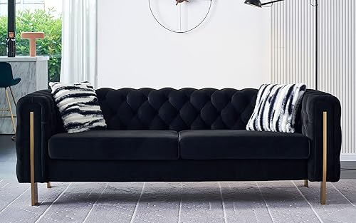 Sofá moderno para sala de estar, sofá tapizado de terciopelo de 84 pulgadas con botones y 2 almohadas y patas de metal, muebles decorativos para