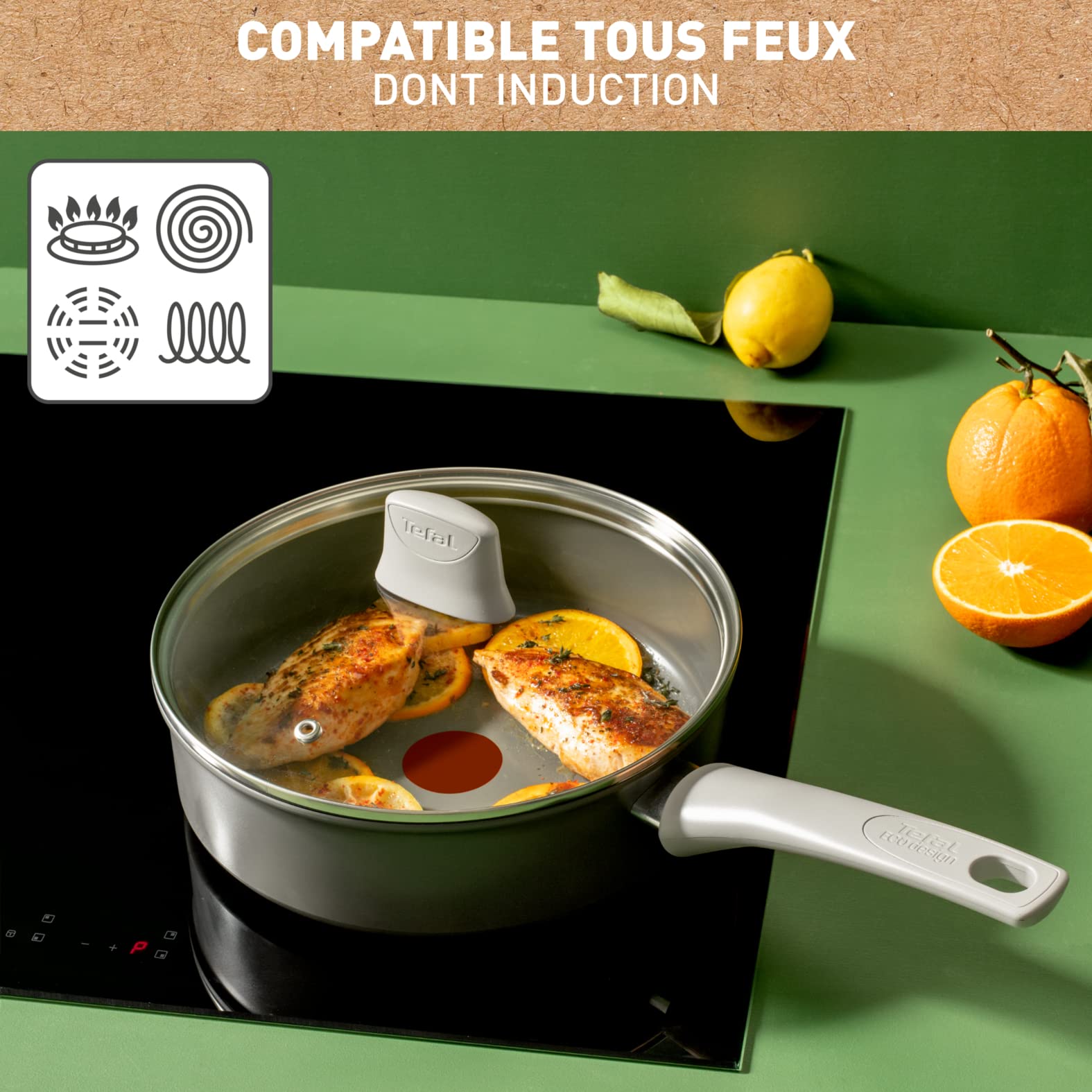 TEFAL Sauteuse 24 cm szklana pokrywa indukcja ceramiczna powłoka nieprzywierająca termo-sygnał