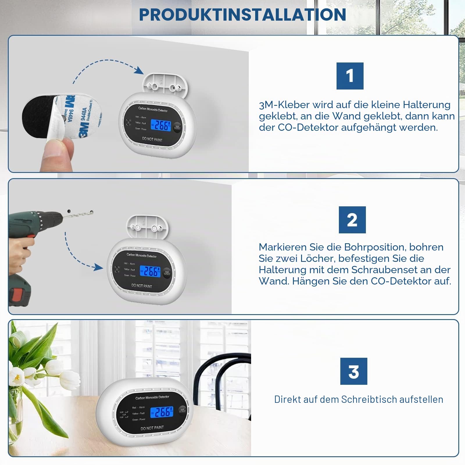 Kohlenmonoxid-Melder mit digitaler LCD-Anzeige, CE-zertifizierter CO-Alarm mit versiegelter 10-jähriger Batterie, unabhängiger hörbarer CO-Detektor für Zuhause, Schwarz, 1 Packung
