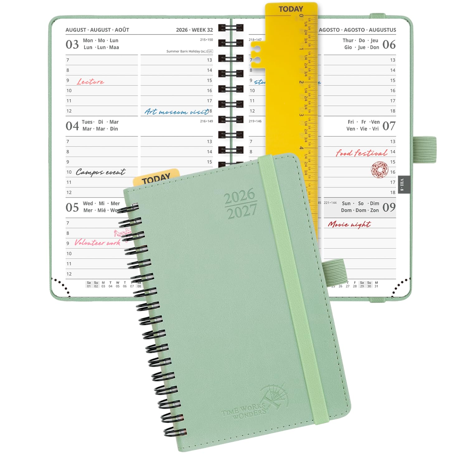 POPRUN Academic Pocket Diary 2026-2027 A6 (16x10.5 cm) Week to View Soft Cover Spiral 17 Months (Aug'26 - Dec'27) Small for Bag,Mid Year Weekly PU Leather Planner(Celadon Green)