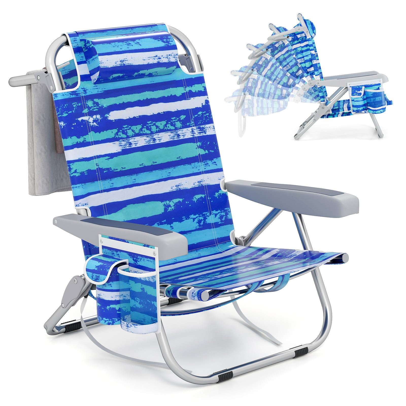 Giantex Backpack Beach Chair, Foldable Camping Chair with 5 Adjustable Position, Cup Holder, Storage Pockets, Straps, Towel Rack, Pillow, Lay Flat